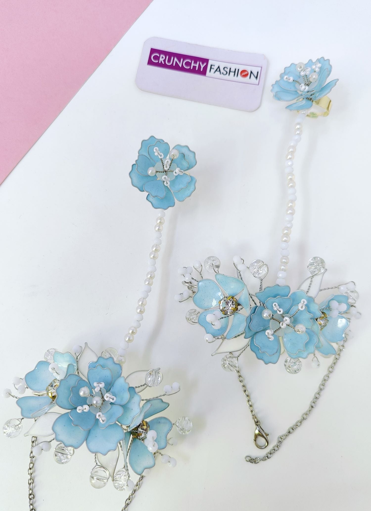 sky blue floral handmade resin jewellery set for haldi and mehndi