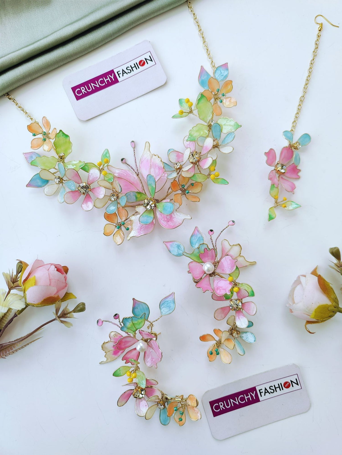 multicolor handmade resin bridal jewelry set, floral haldi mehndi