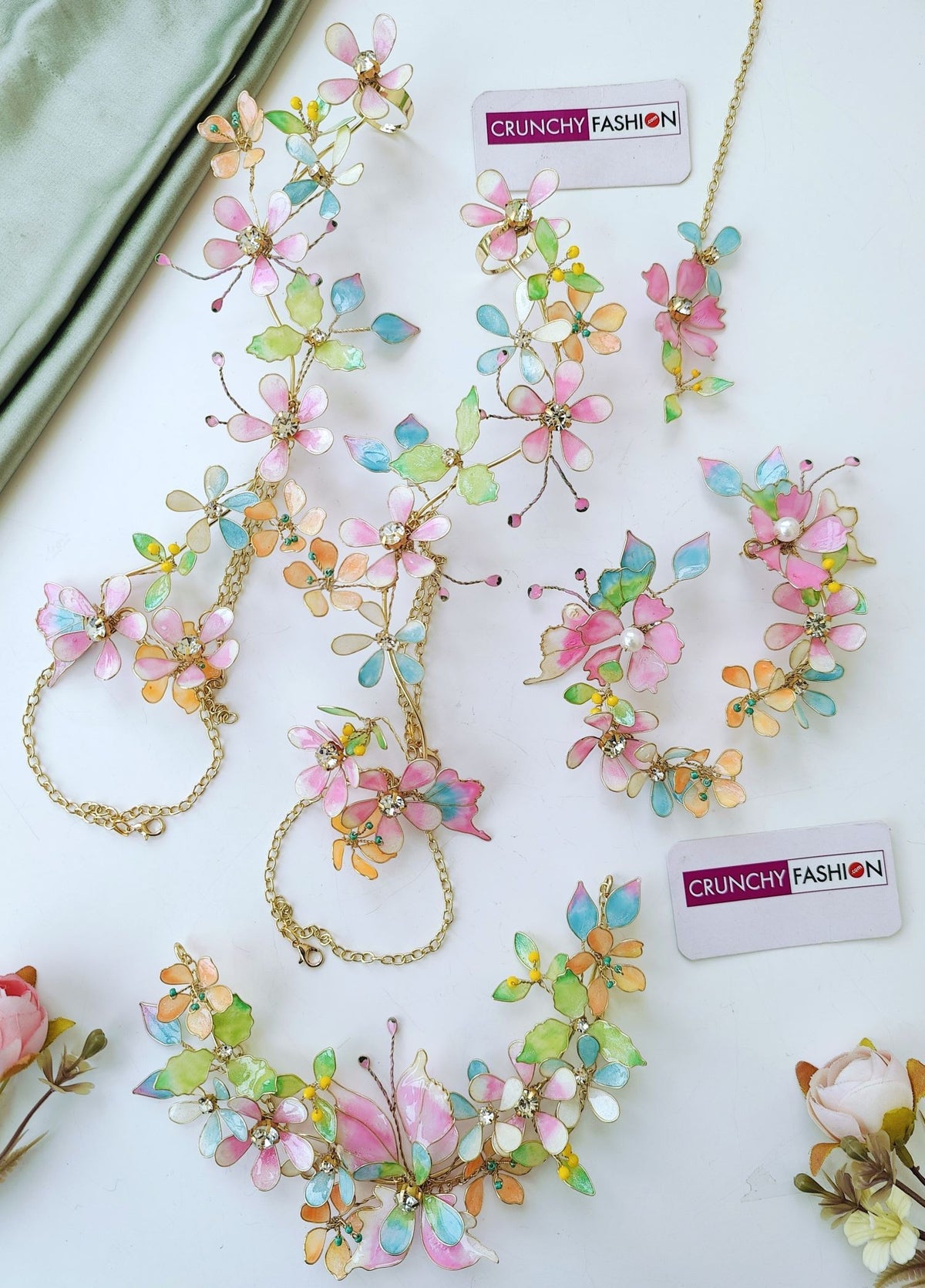 multicolor handmade resin bridal jewelry set, floral haldi mehndi