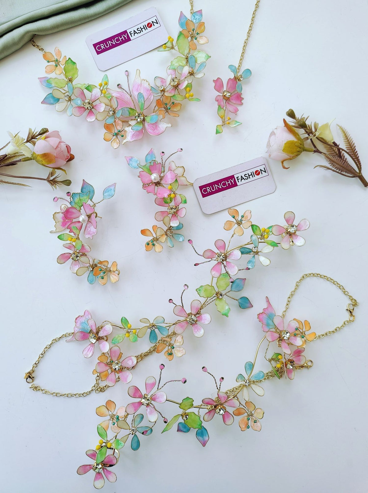 multicolor handmade resin bridal jewelry set, floral haldi mehndi