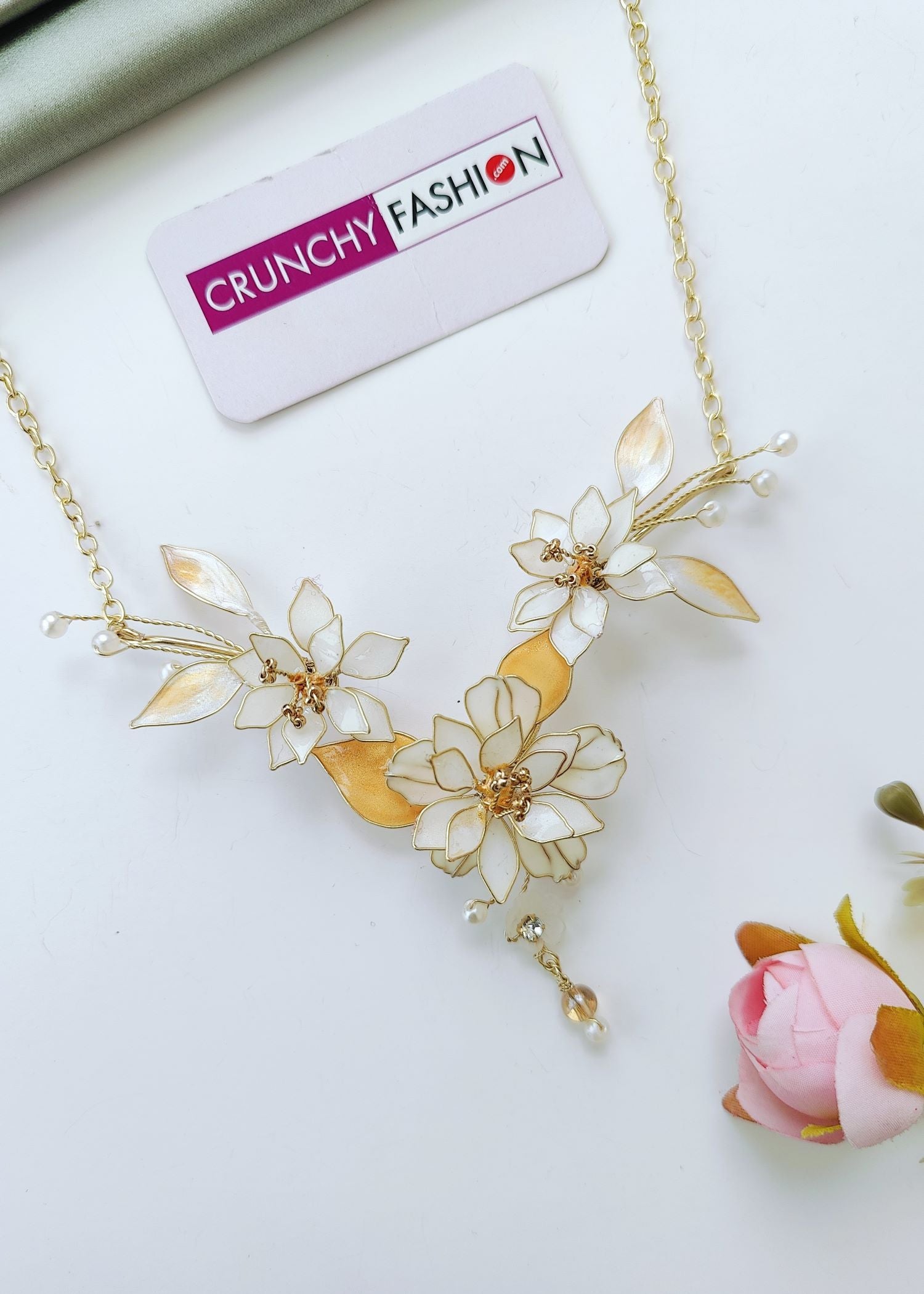 handmade resin floral necklace set with ivory pearl jewellery