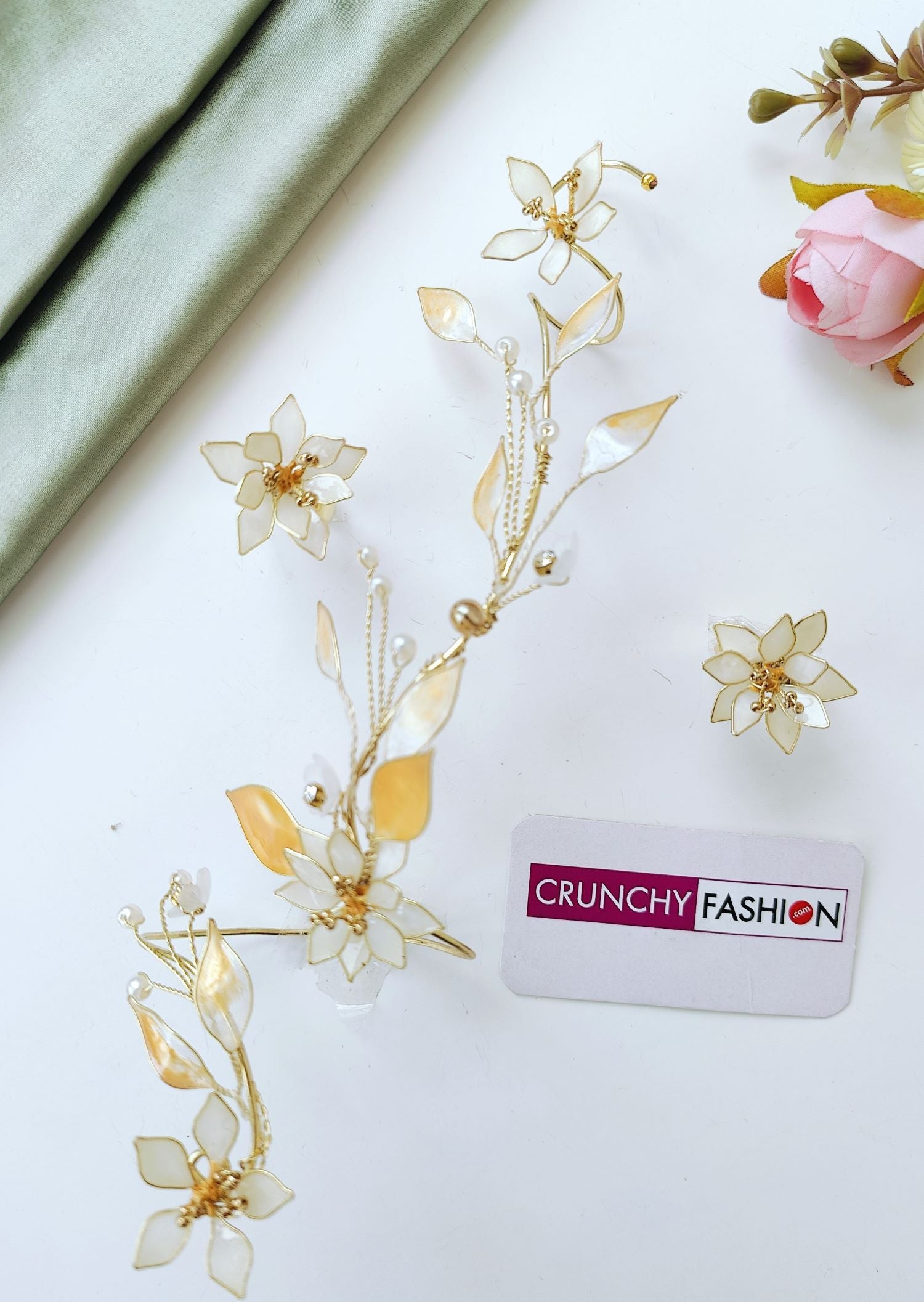 handmade resin floral necklace set with ivory pearl jewellery