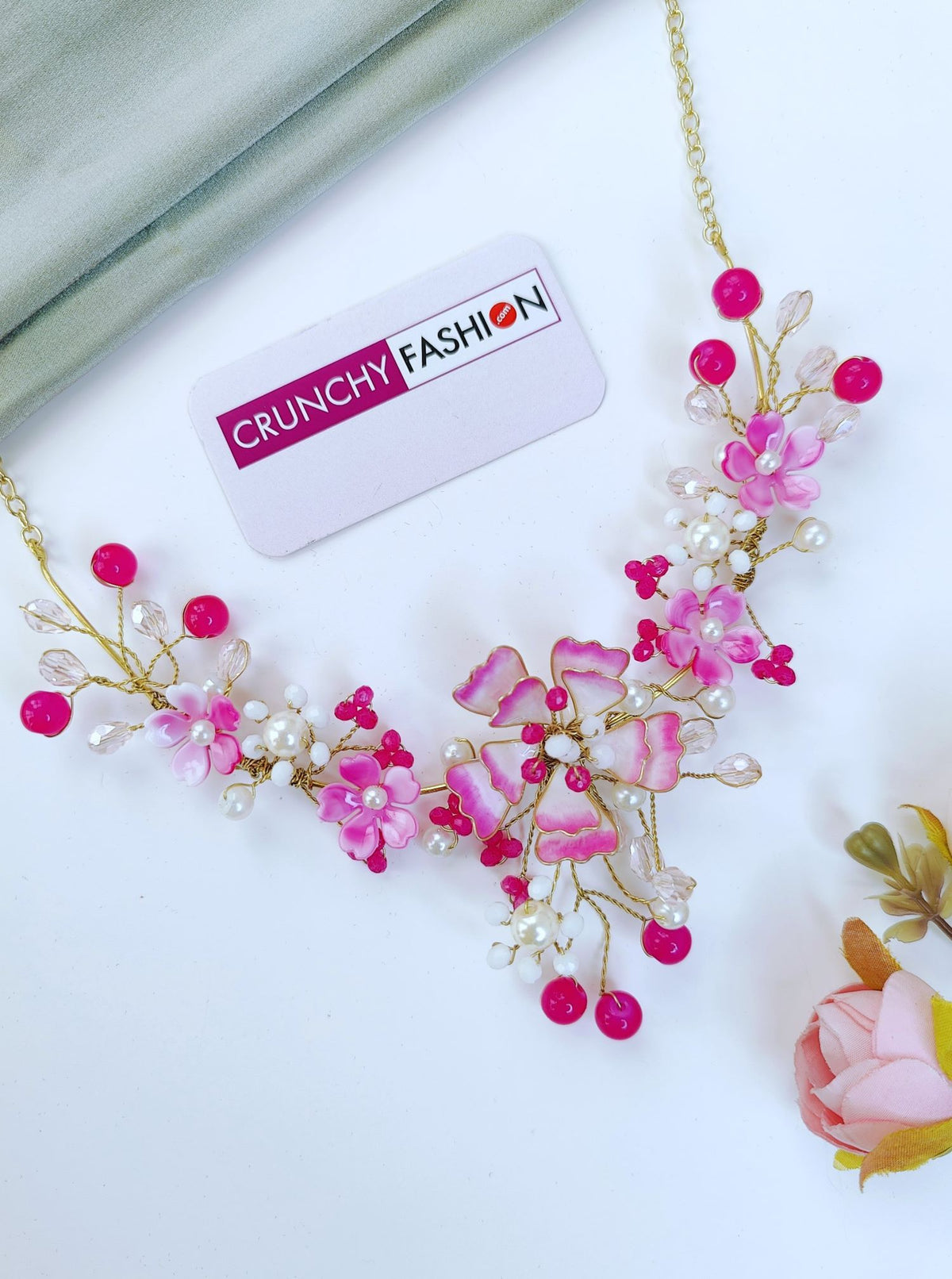 pink and white handmade flower resin jewellery set for haldi mehndi