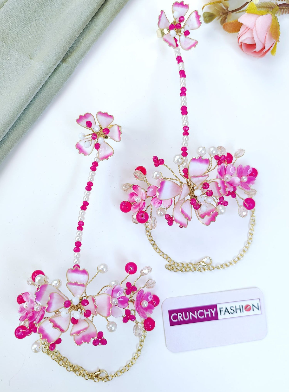 pink and white handmade flower resin jewellery set for haldi mehndi