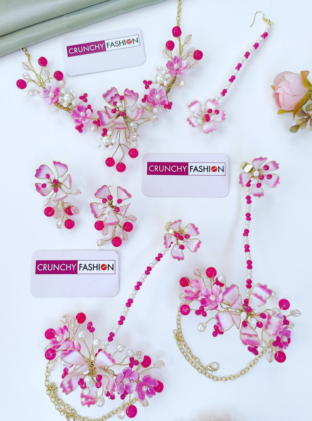 pink and white handmade flower resin jewellery set for haldi mehndi