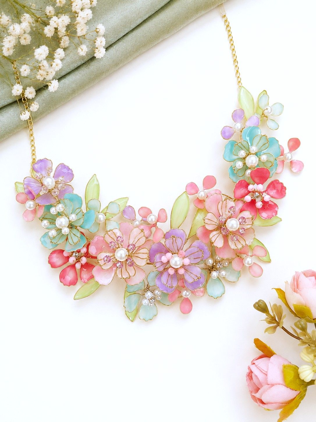 multicoloured floral resin jewellery set, handmade haldi mehndi jewelry