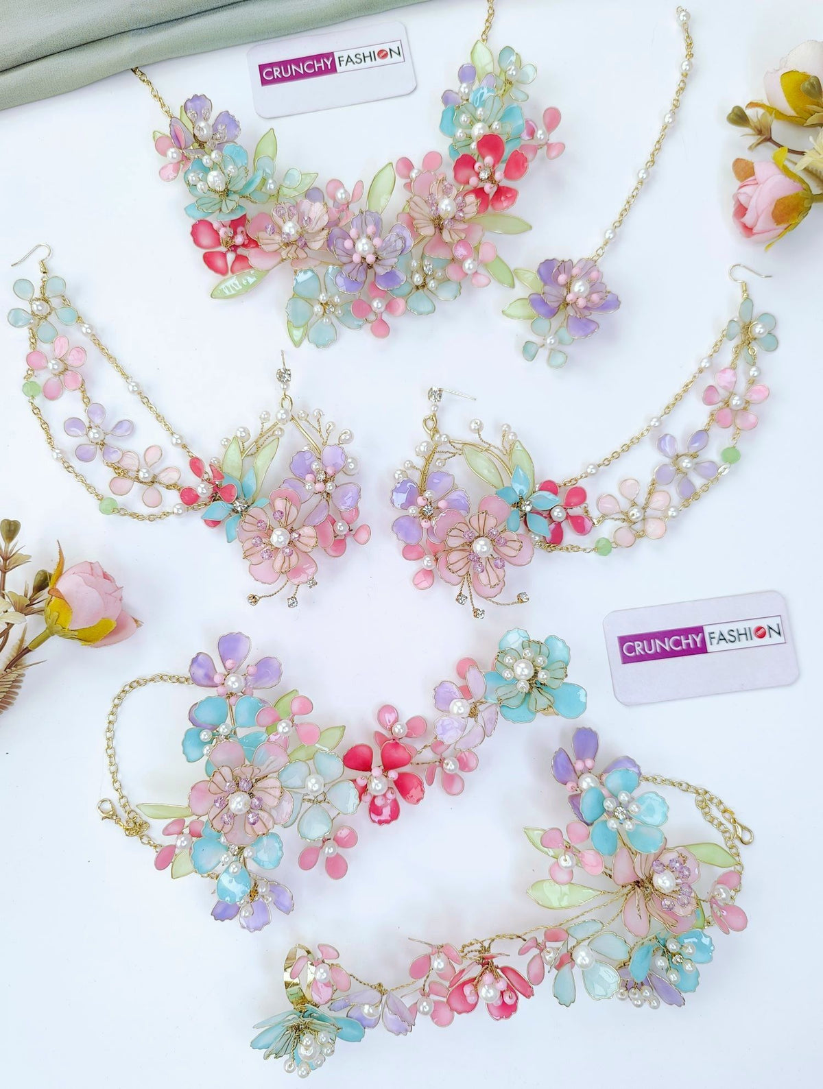 multicoloured floral resin jewellery set, handmade haldi mehndi jewelry