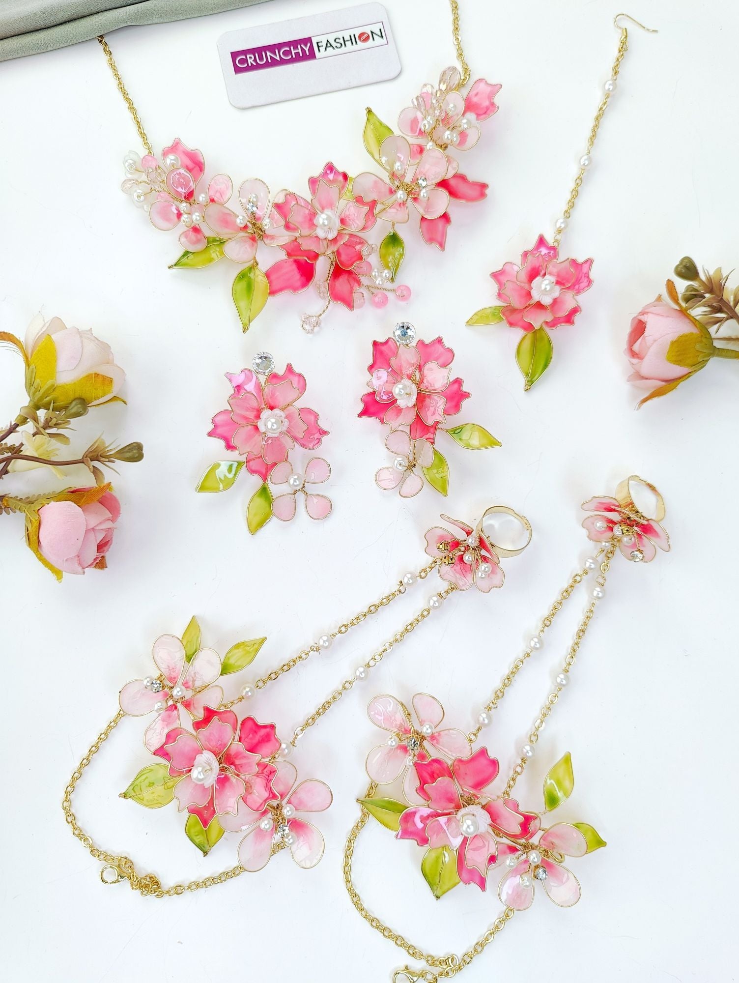 baby pink floral resin jewellery set for haldi mehndi, lightweight
