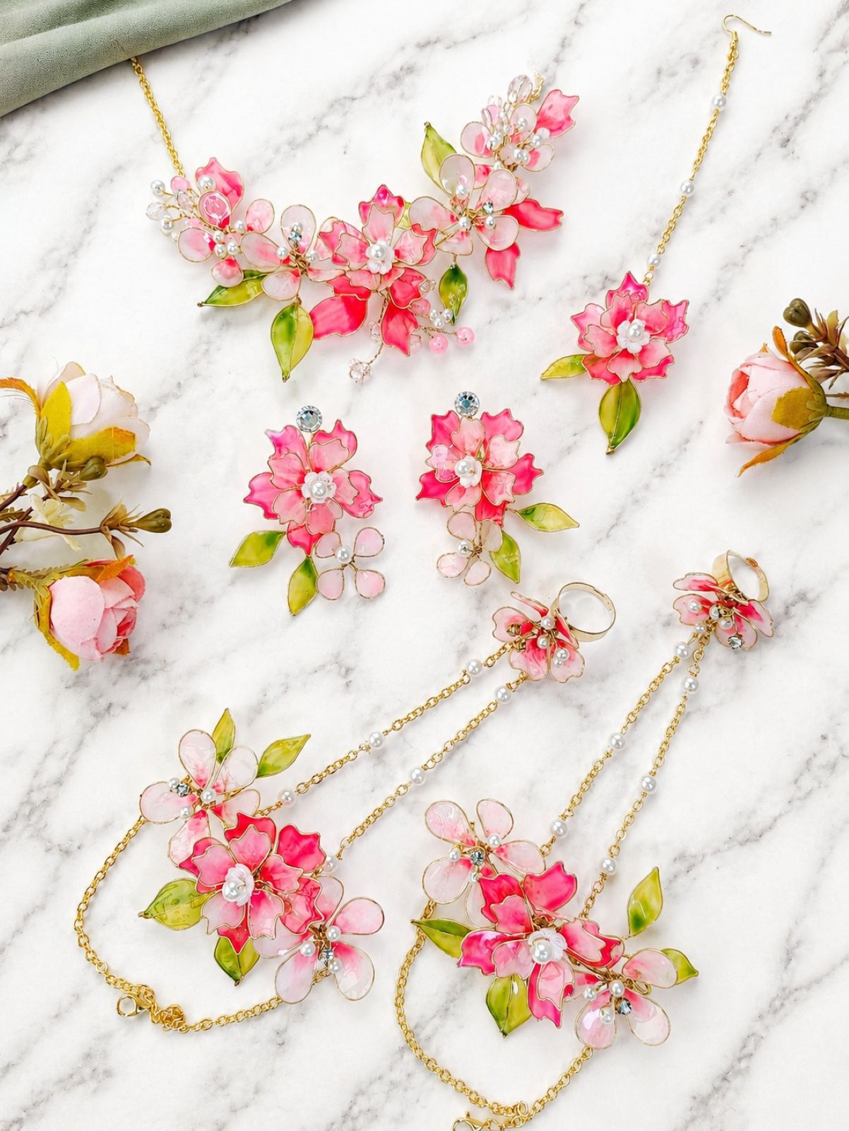 baby pink floral resin jewellery set for haldi mehndi, lightweight