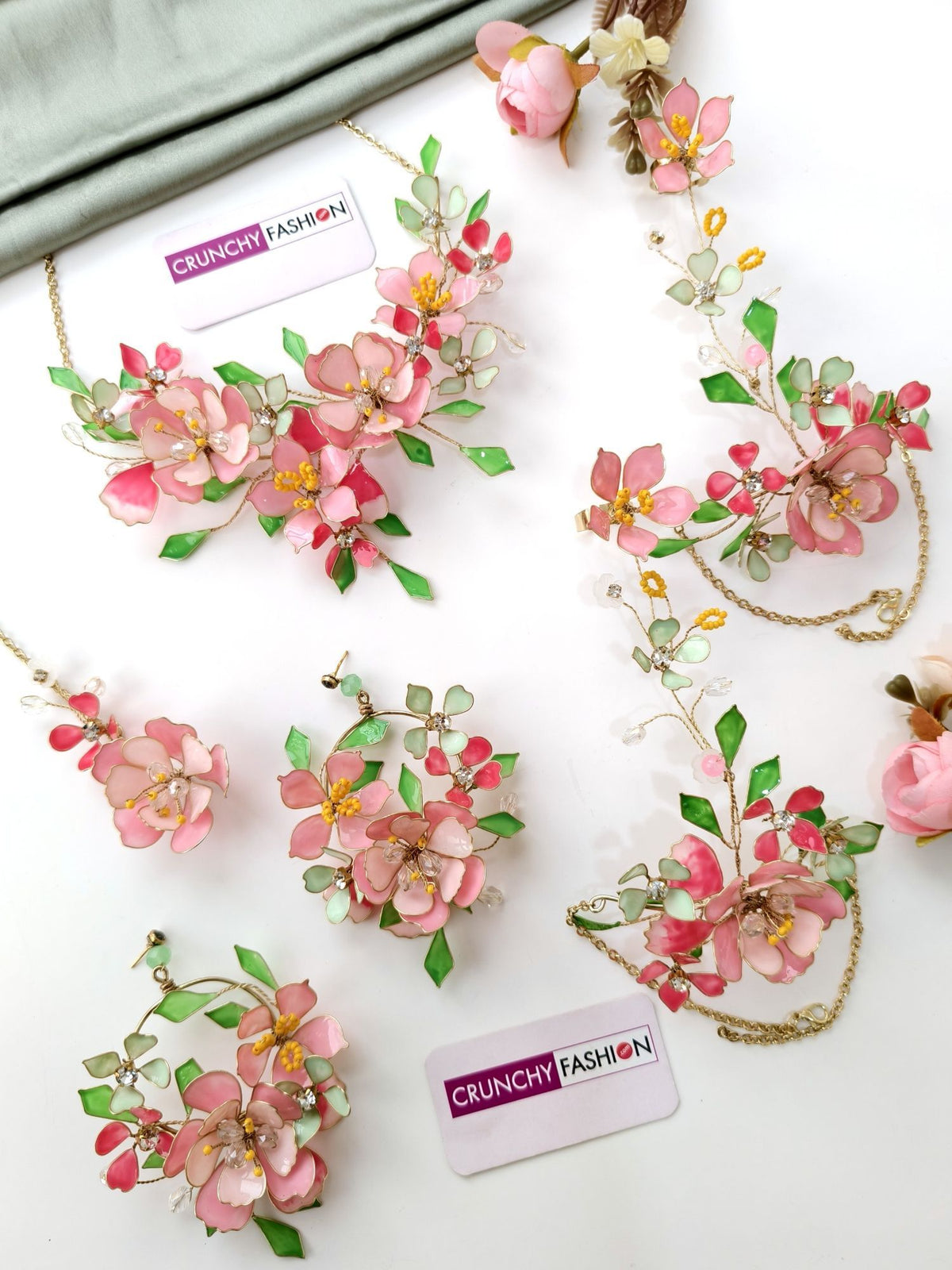 handmade resin floral jewellery set, pastel pink and green haldi mehendi