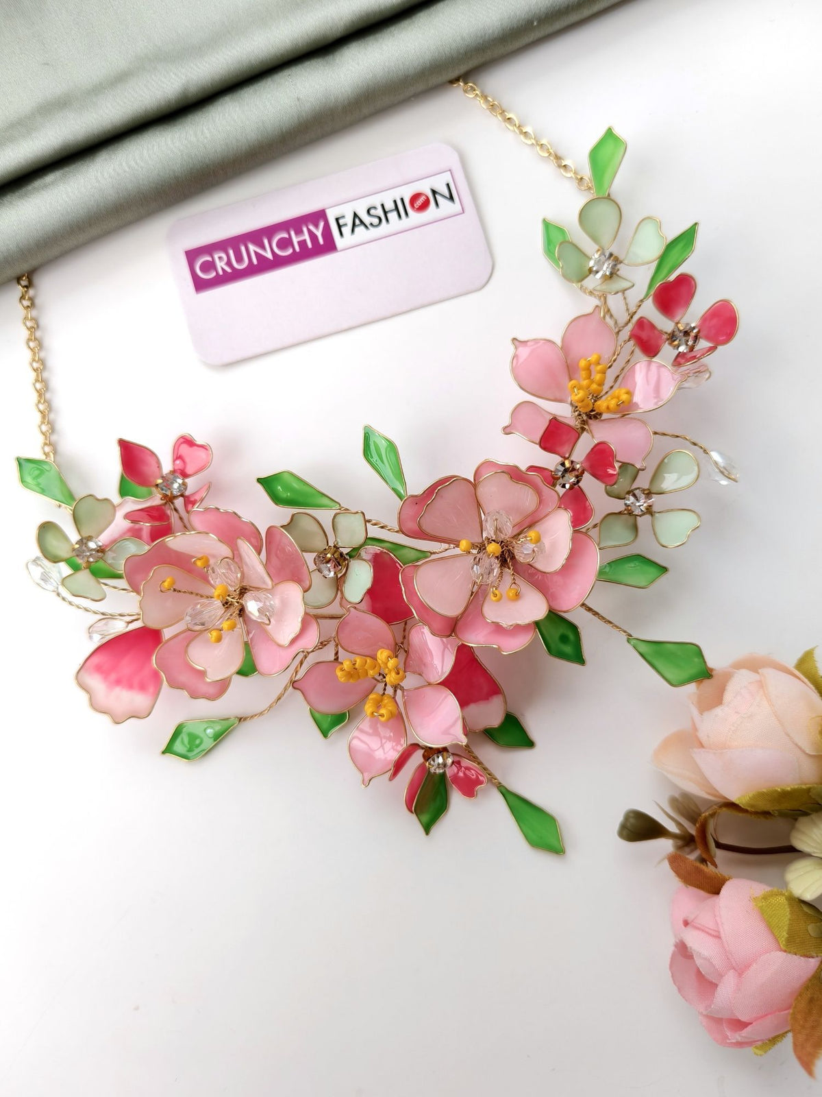 handmade resin floral jewellery set, pastel pink and green haldi mehendi