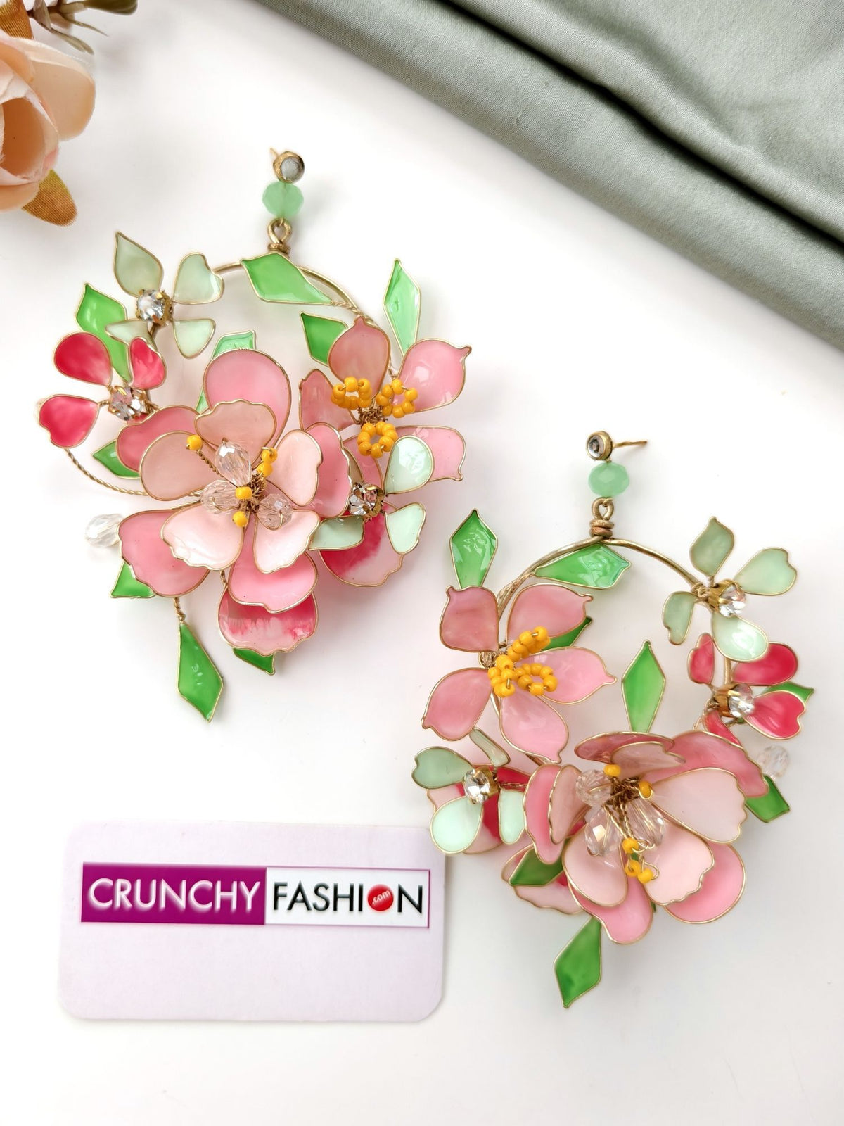 handmade resin floral jewellery set, pastel pink and green haldi mehendi