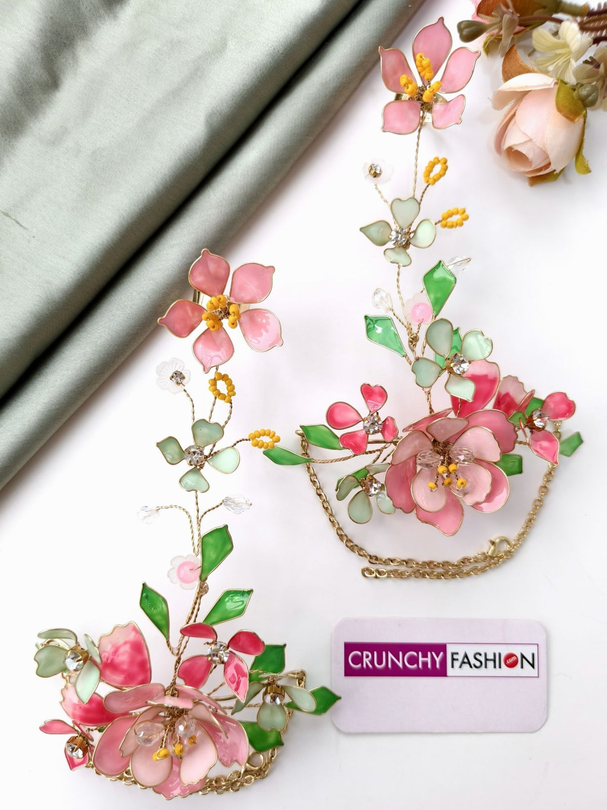 handmade resin floral jewellery set, pastel pink and green haldi mehendi