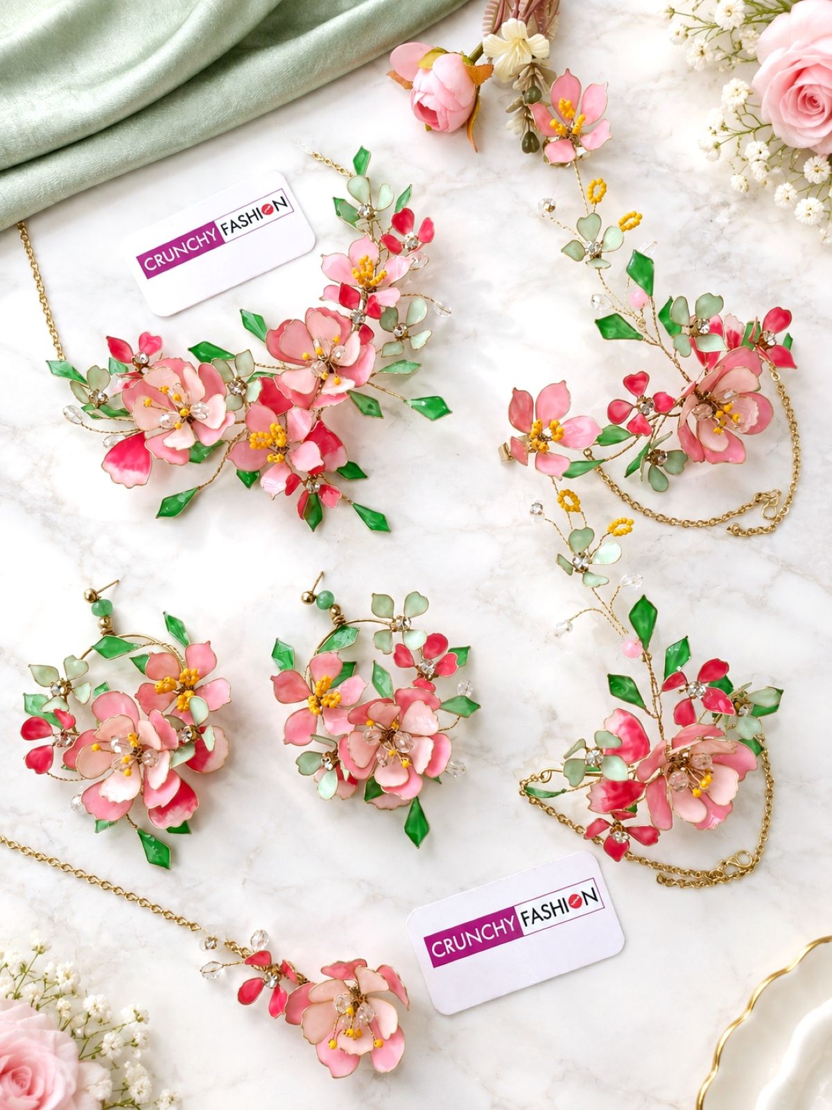 handmade resin floral jewellery set, pastel pink and green haldi mehendi