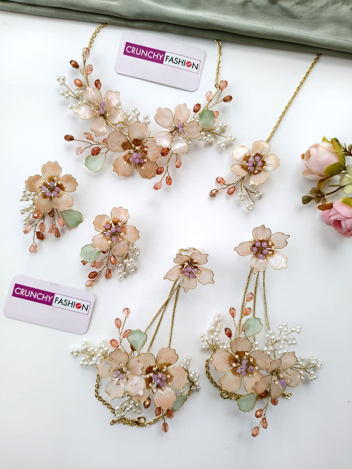 peach pastel floral resin jewellery set for haldi and mehndi