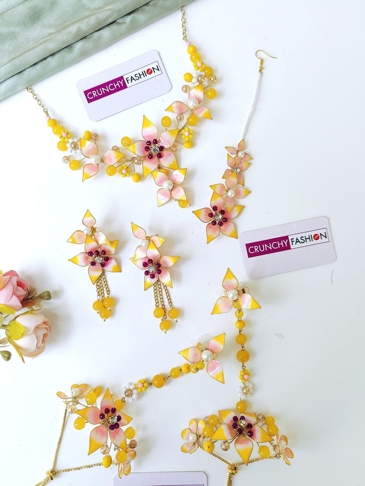 yellow resin jewellery haldi mehndi bridal set floral design for Brides 2026