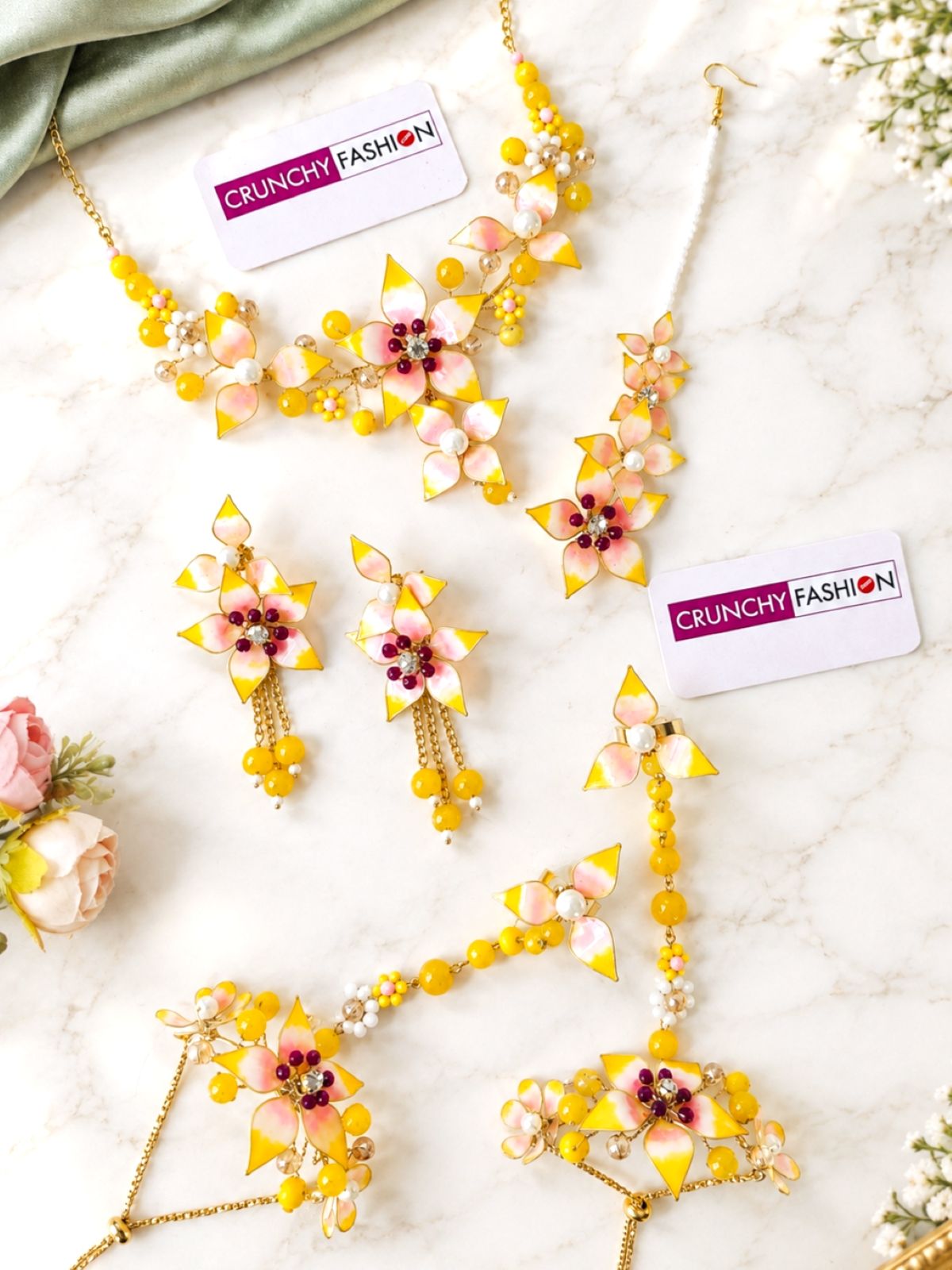 yellow resin jewellery haldi mehndi bridal set floral design for Brides 2026