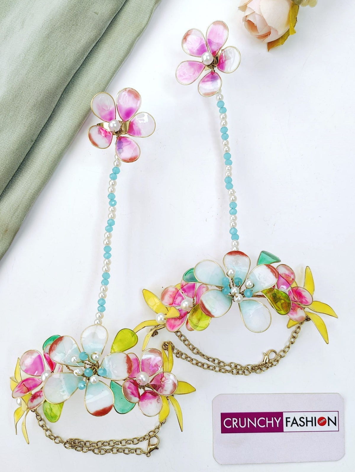 sky blue and pink floral resin jewellery set for haldi mehendi