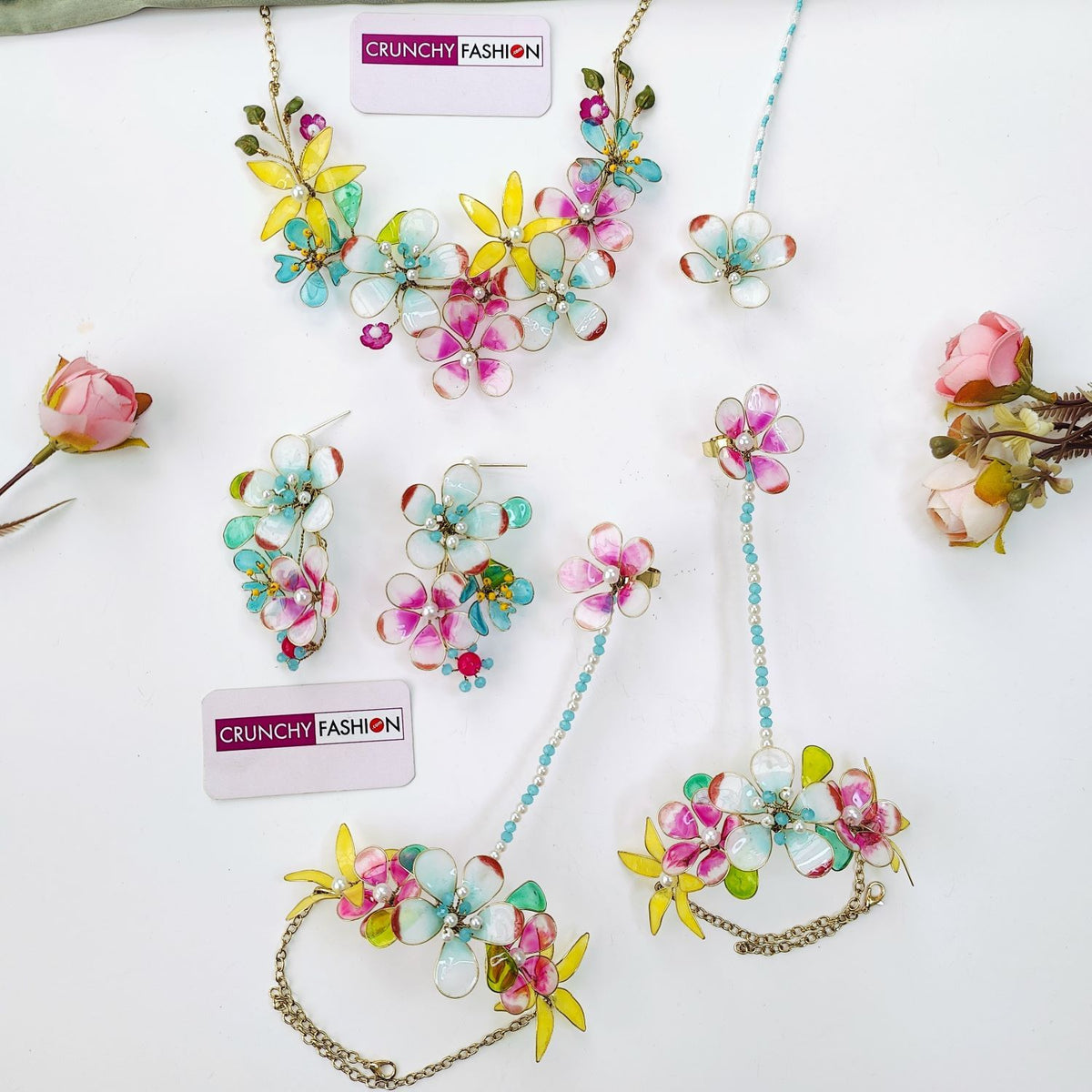 sky blue and pink floral resin jewellery set for haldi mehendi