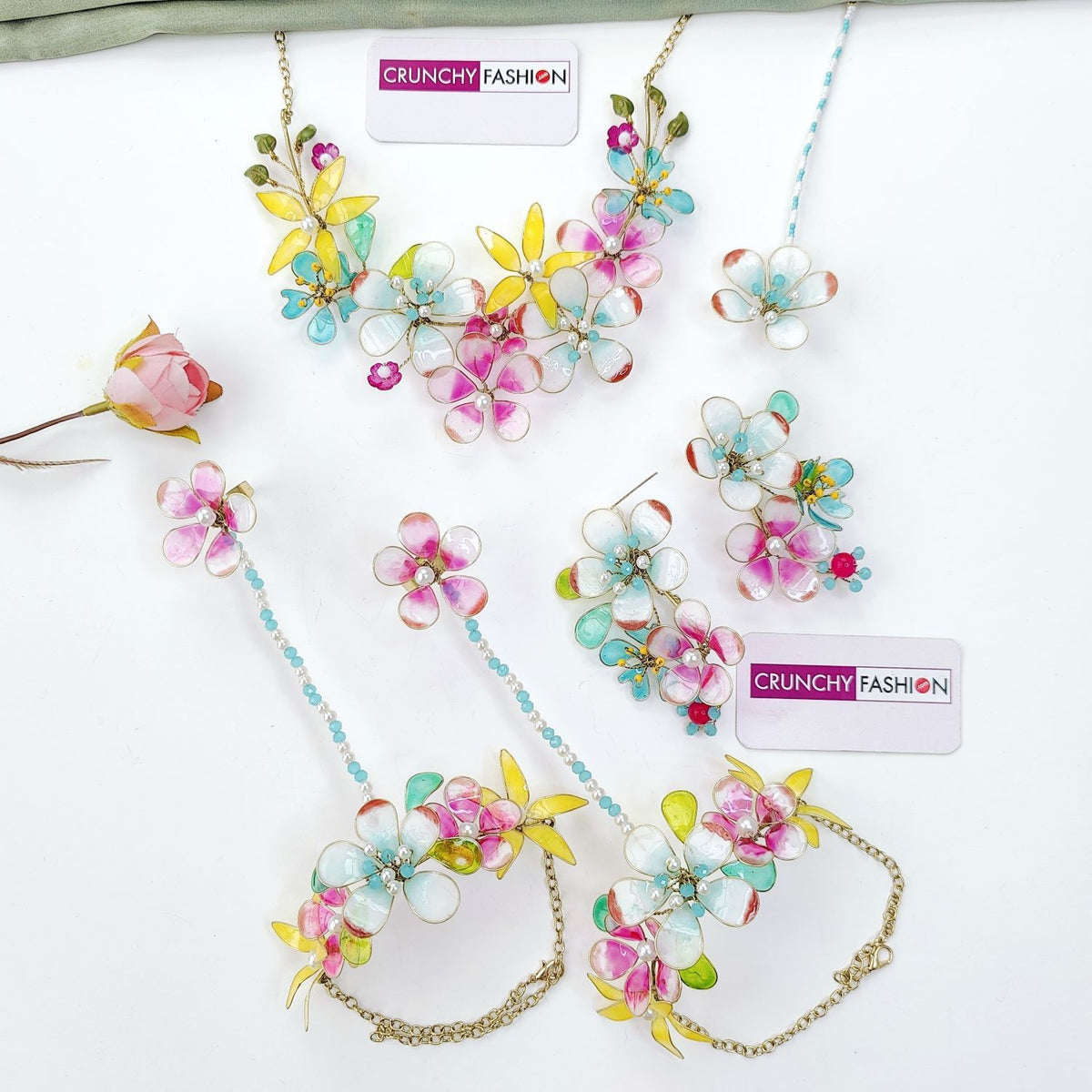 sky blue and pink floral resin jewellery set for haldi mehendi