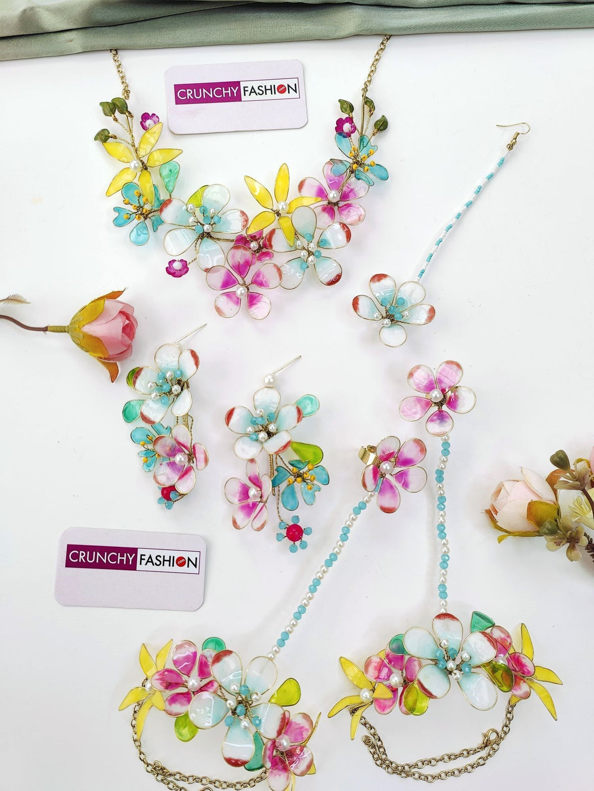 sky blue and pink floral resin jewellery set for haldi mehendi