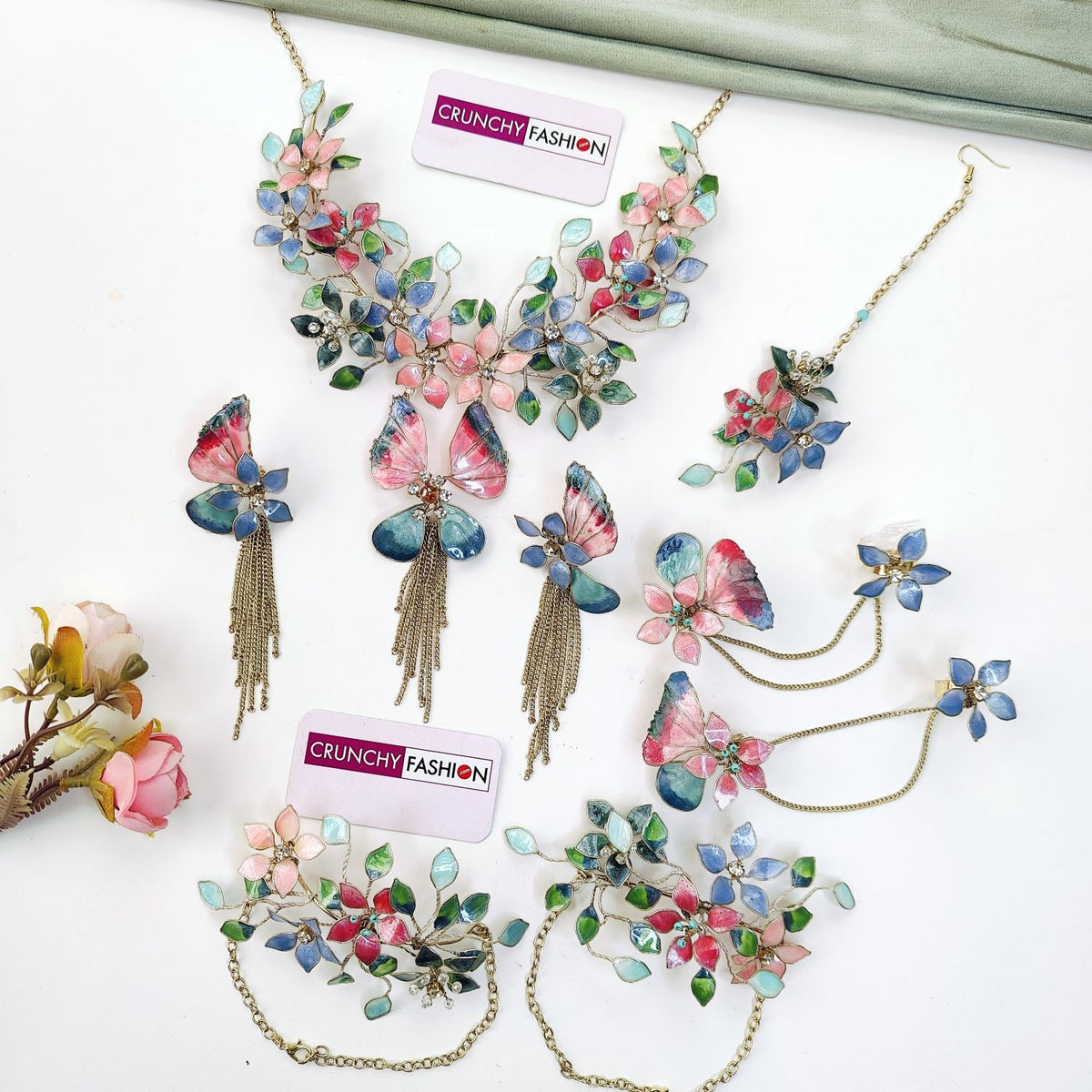 pink blue butterfly resin jewellery set for haldi mehndi bride