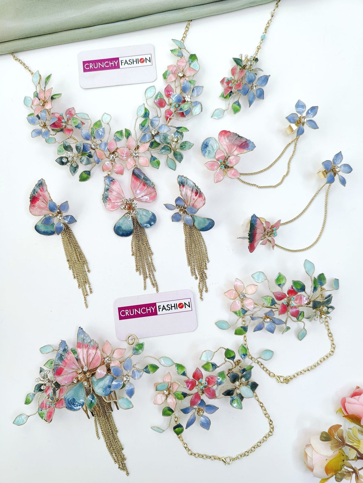 pink blue butterfly resin jewellery set for haldi mehndi bride