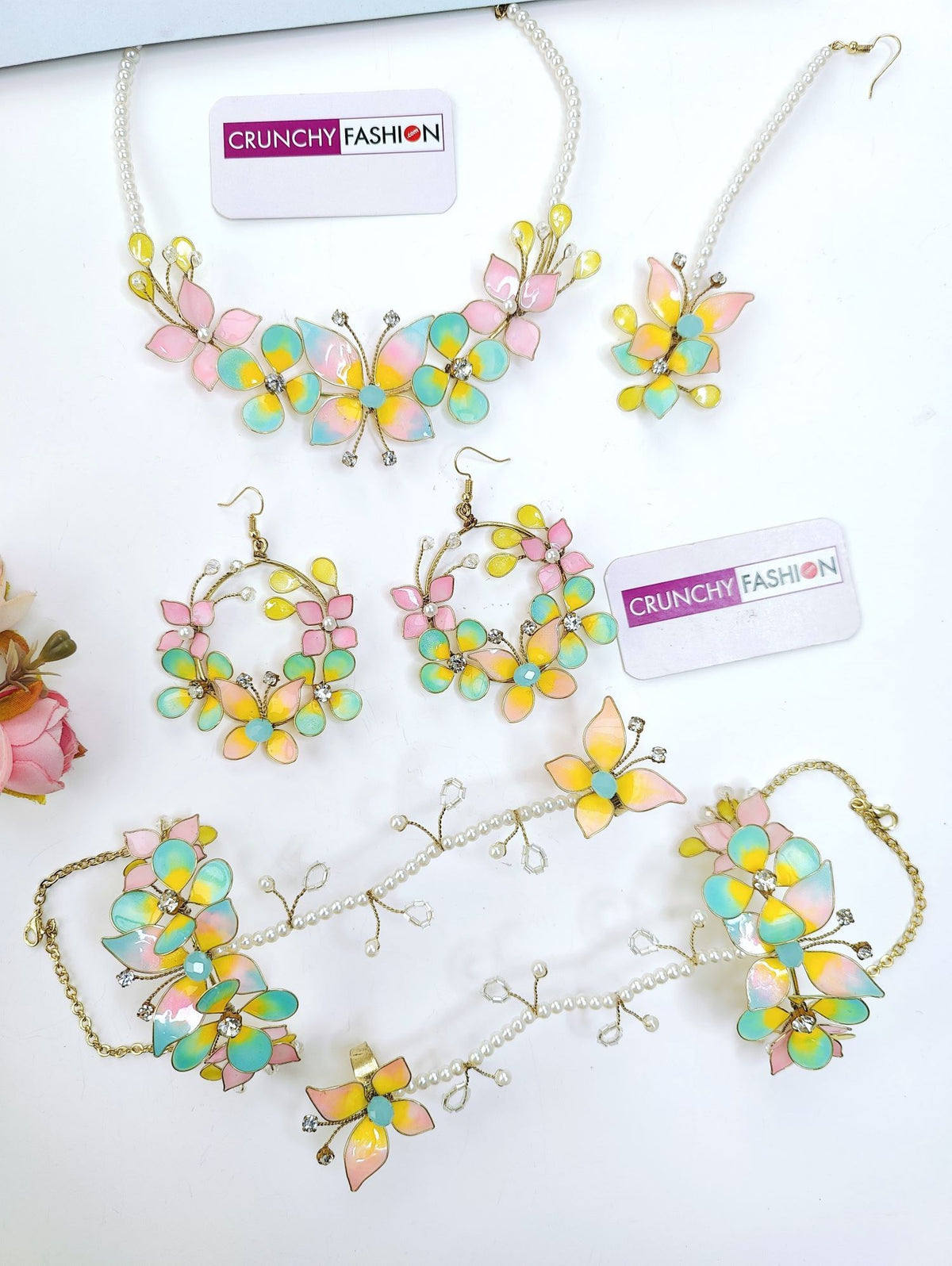 multicolor resin butterfly jewellery set for haldi and mehendi
