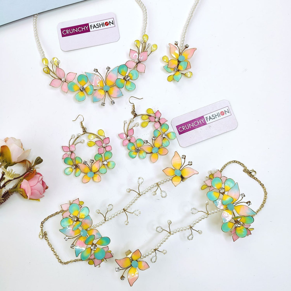 multicolor resin butterfly jewellery set for haldi and mehendi