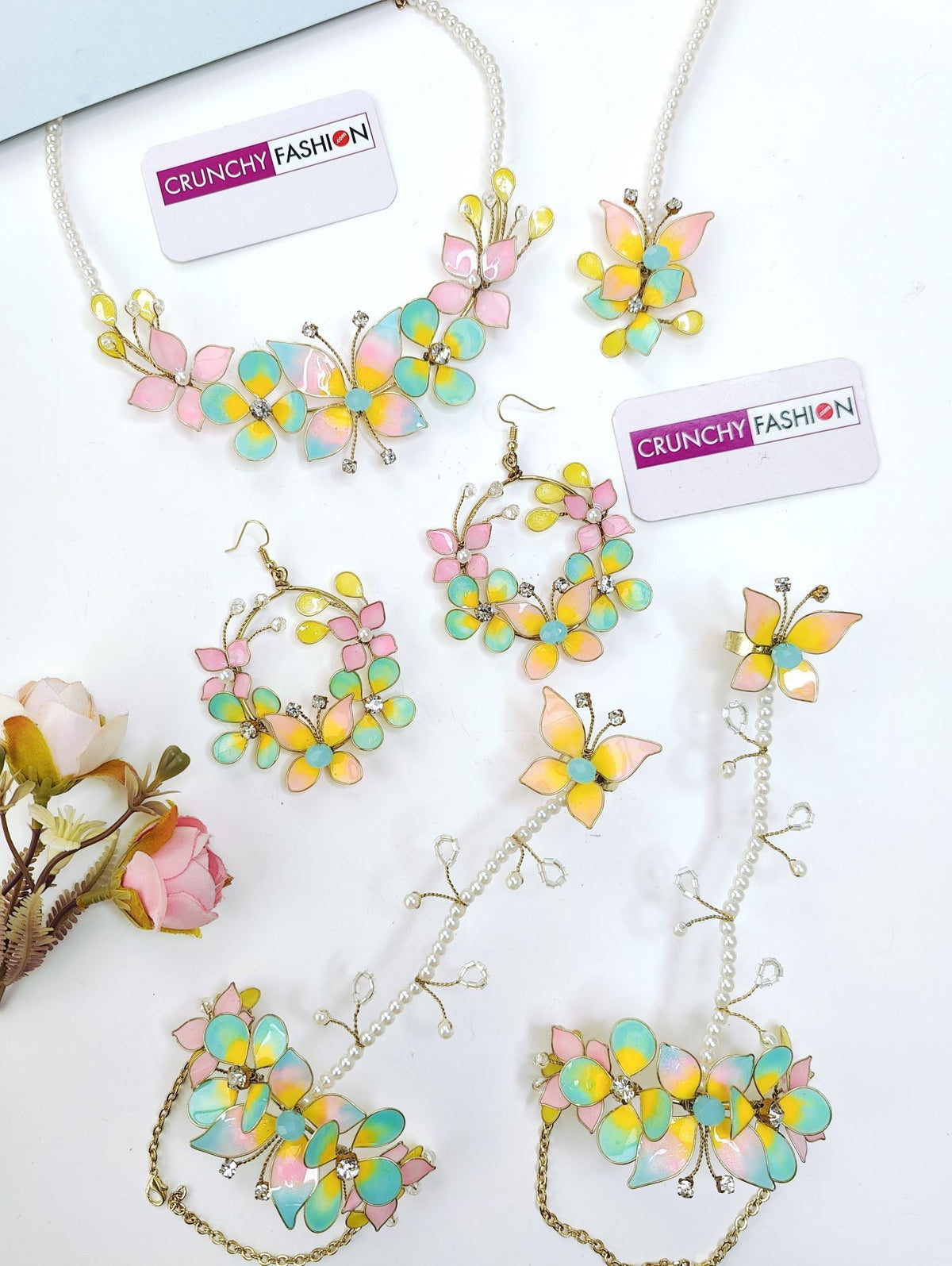 multicolor resin butterfly jewellery set for haldi and mehendi