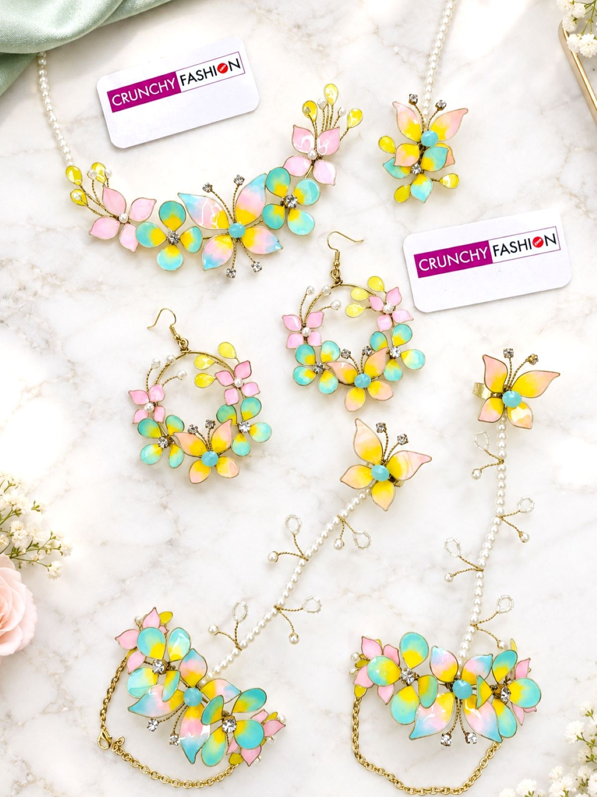 multicolor resin butterfly jewellery set for haldi and mehendi
