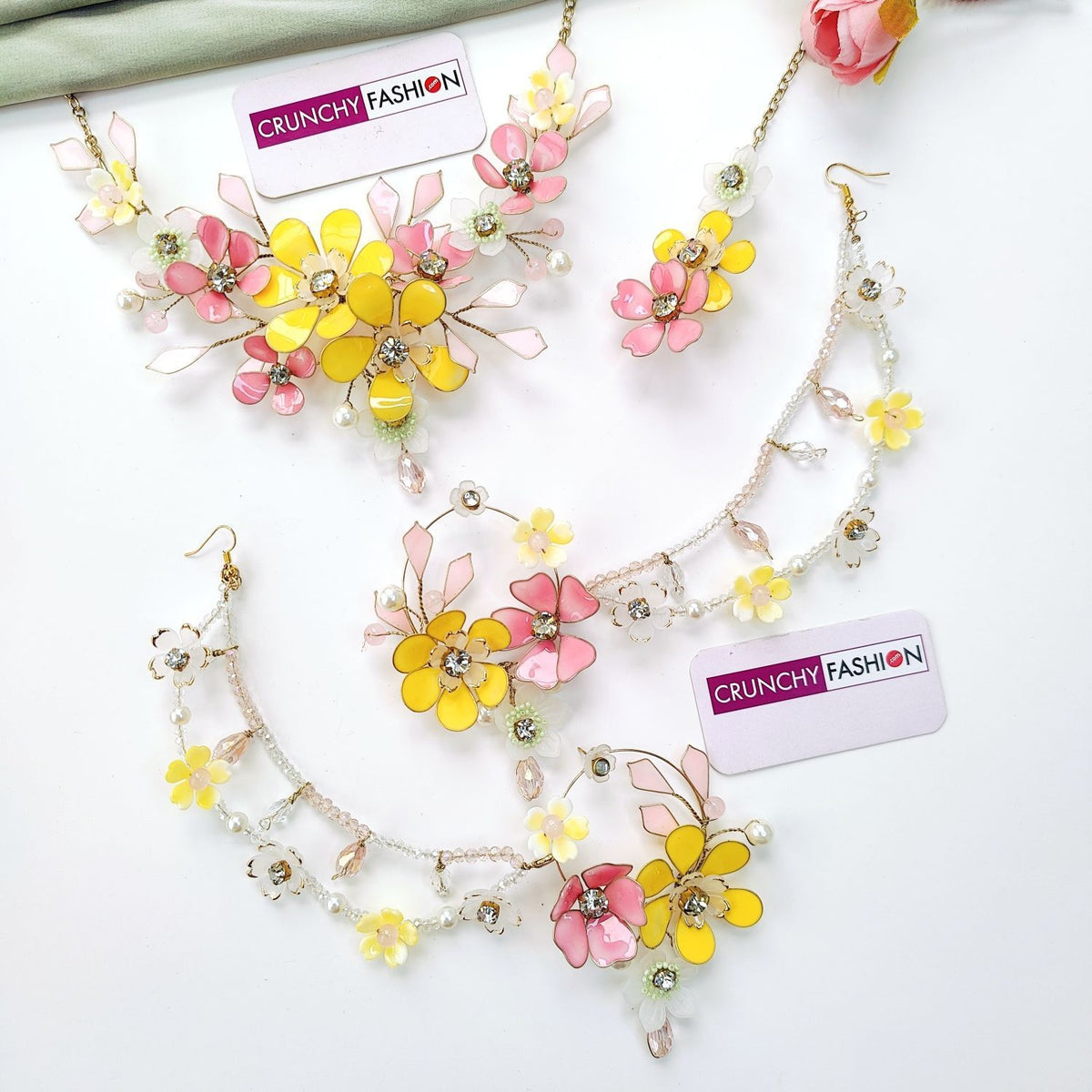 Pink and yellow resin floral jewellery set for haldi brides 2026