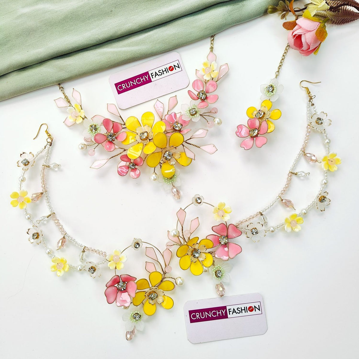 Pink and yellow resin floral jewellery set for haldi brides 2026