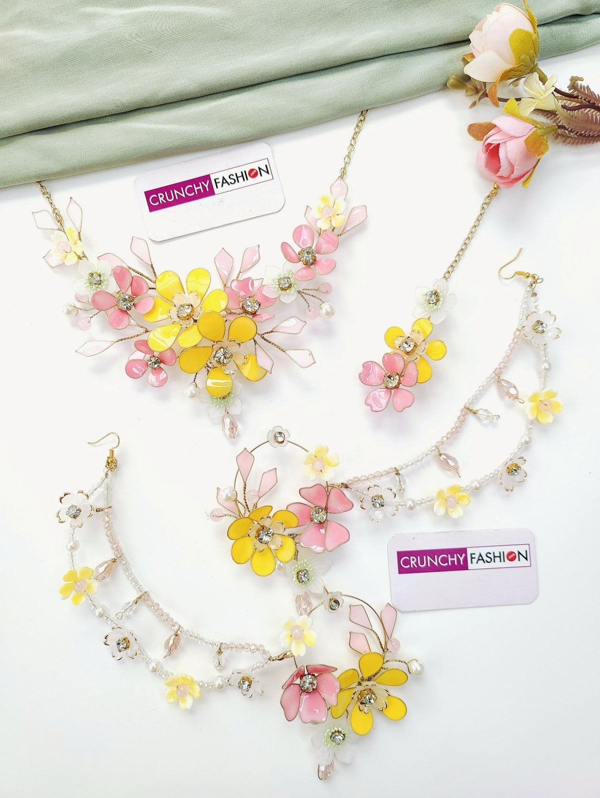 Pink and yellow resin floral jewellery set for haldi brides 2026
