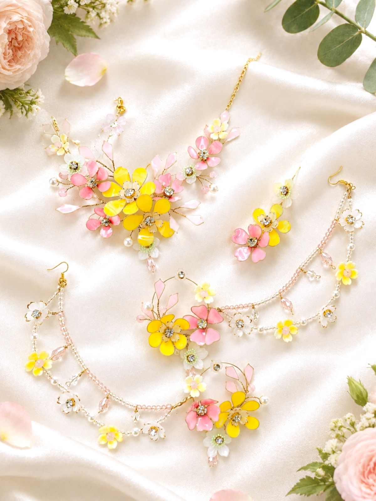 Pink and yellow resin floral jewellery set for haldi brides 2026
