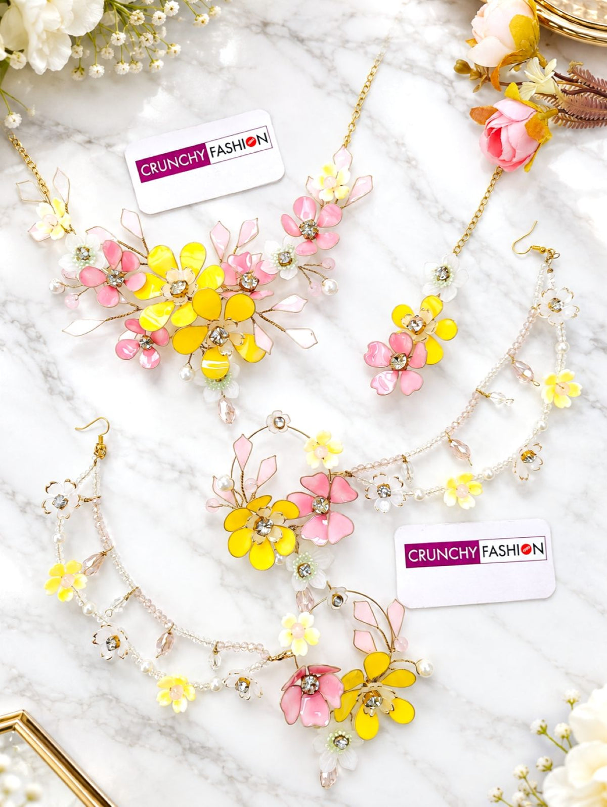 Pink and yellow resin floral jewellery set for haldi brides 2026