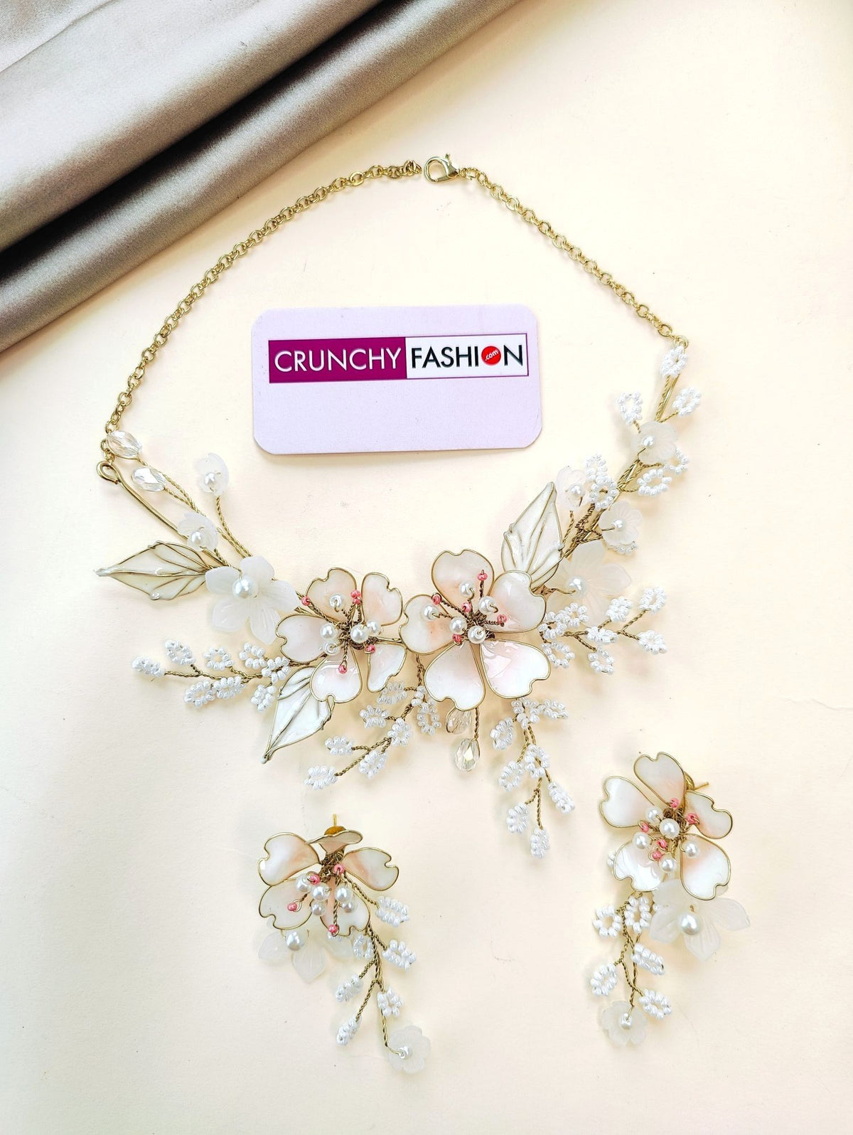 Off white resin floral jewellery set, lightweight handmade haldi