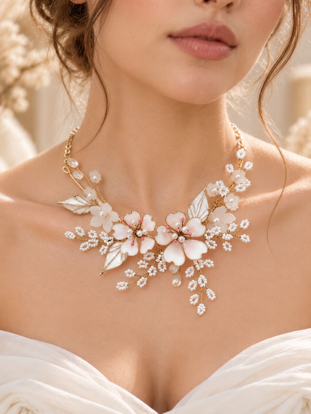 Off white resin floral jewellery set, lightweight handmade haldi