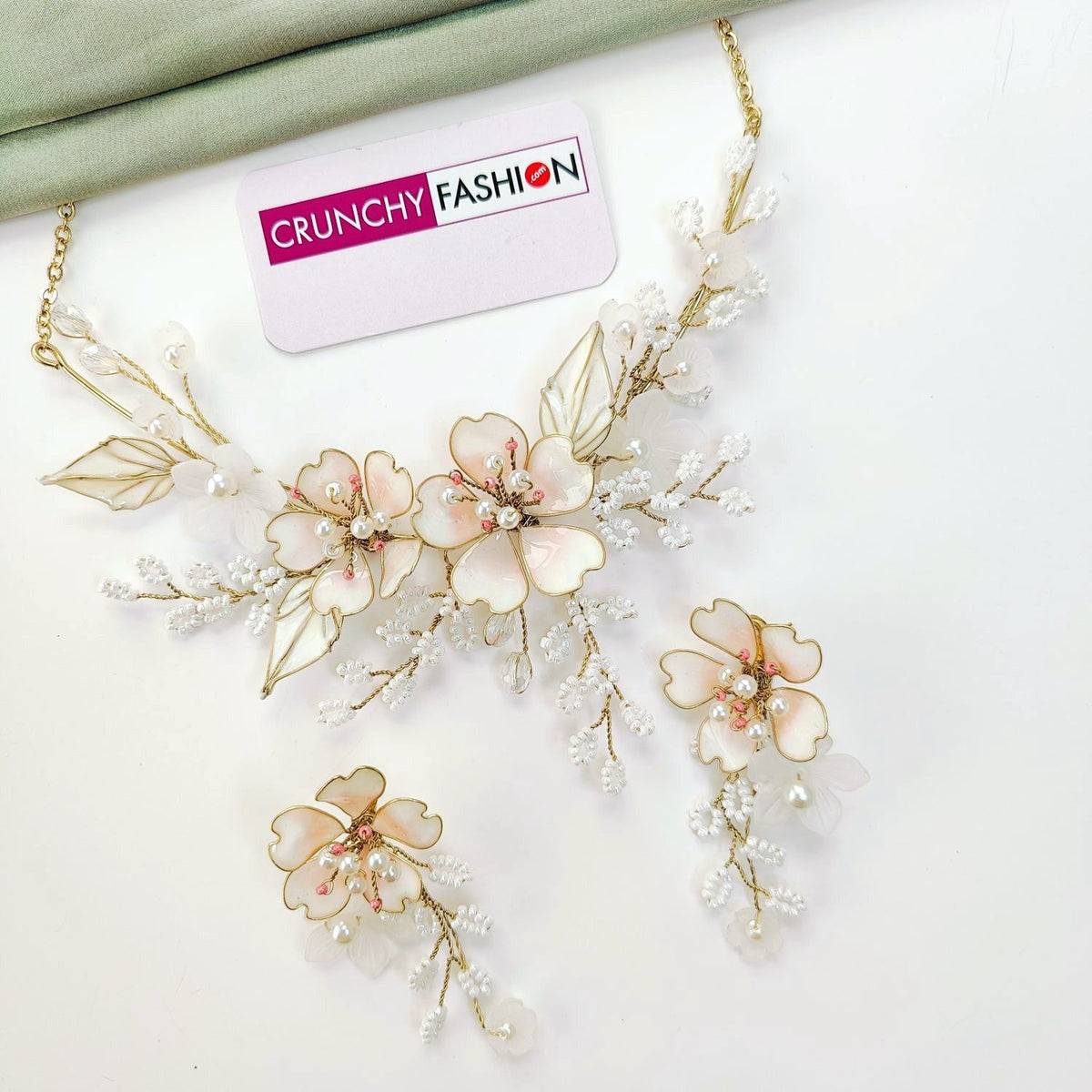 Off white resin floral jewellery set, lightweight handmade haldi