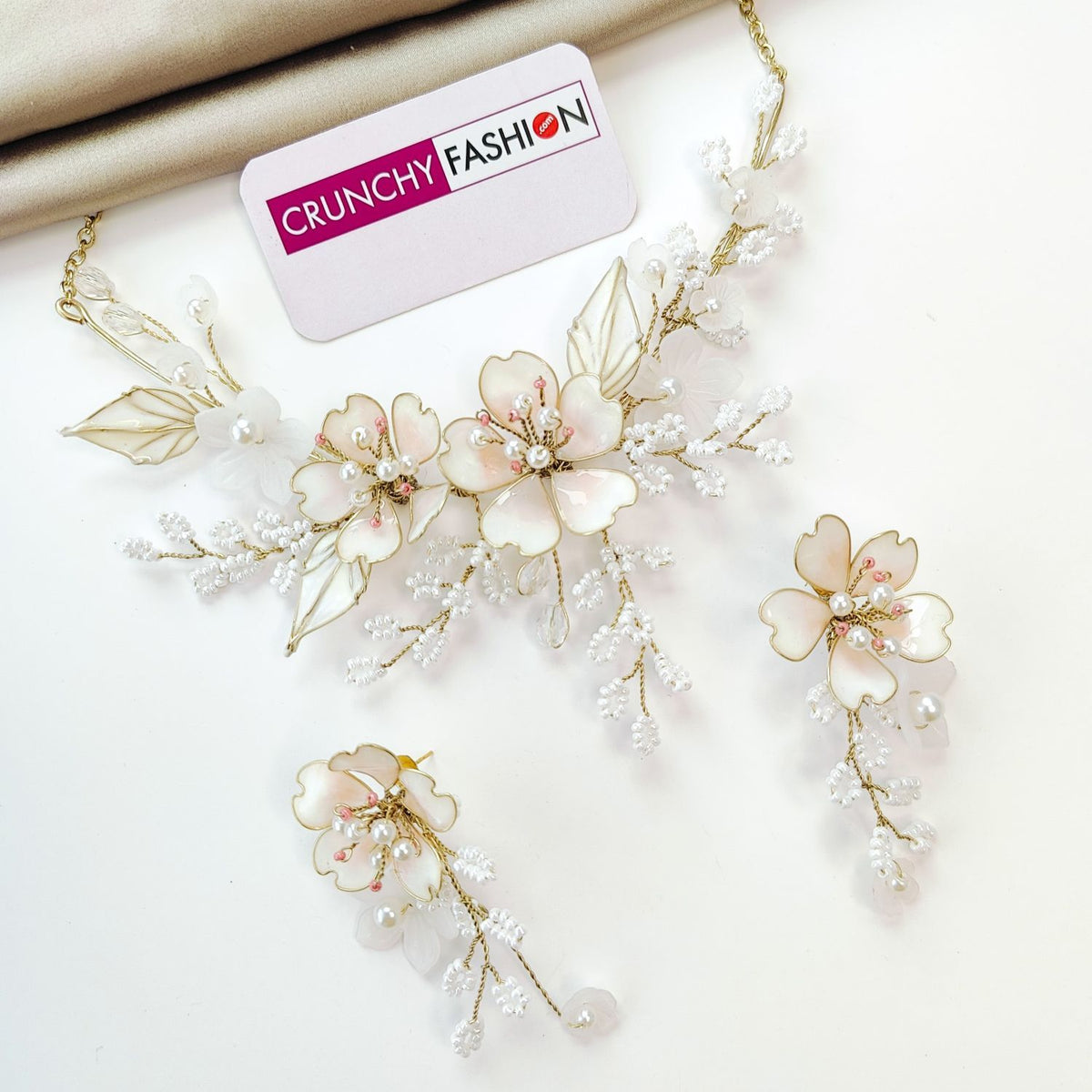 Off white resin floral jewellery set, lightweight handmade haldi