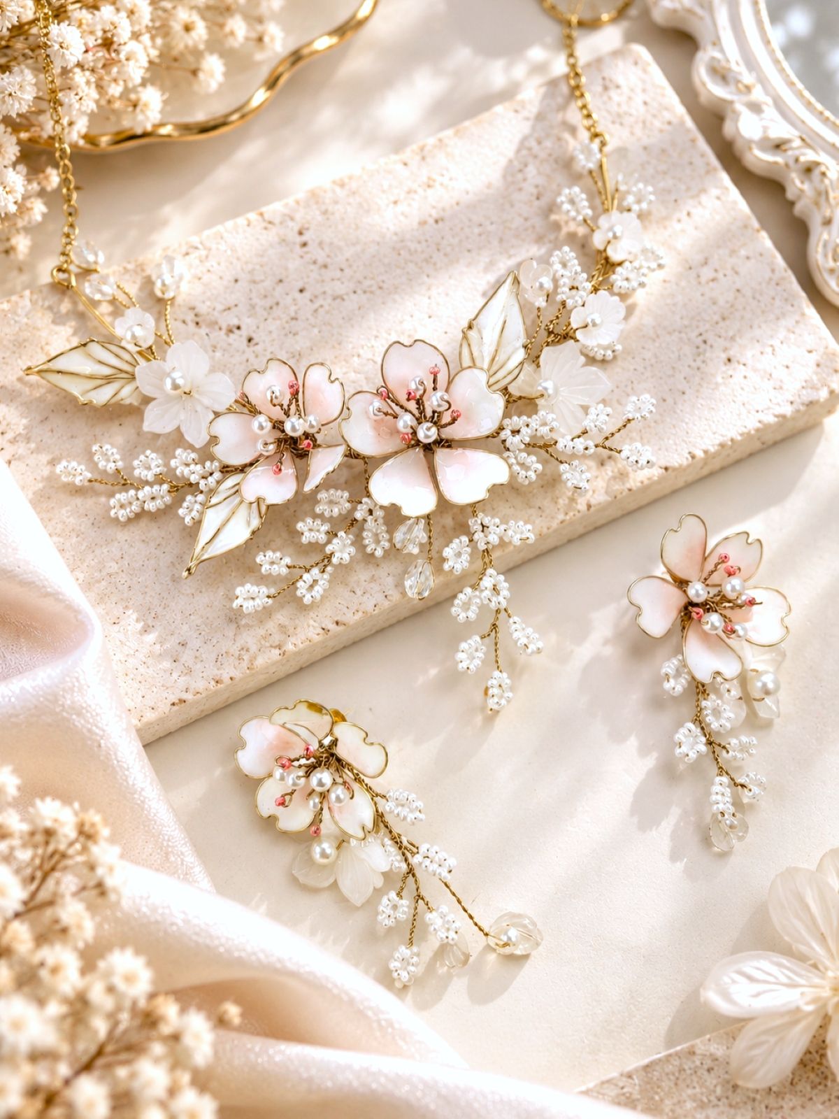 Off white resin floral jewellery set, lightweight handmade haldi