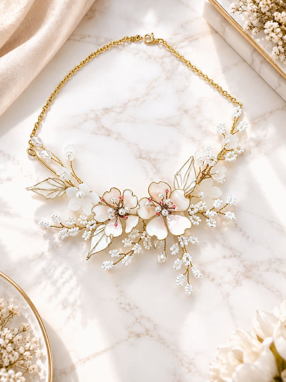 Off white resin floral jewellery set, lightweight handmade haldi