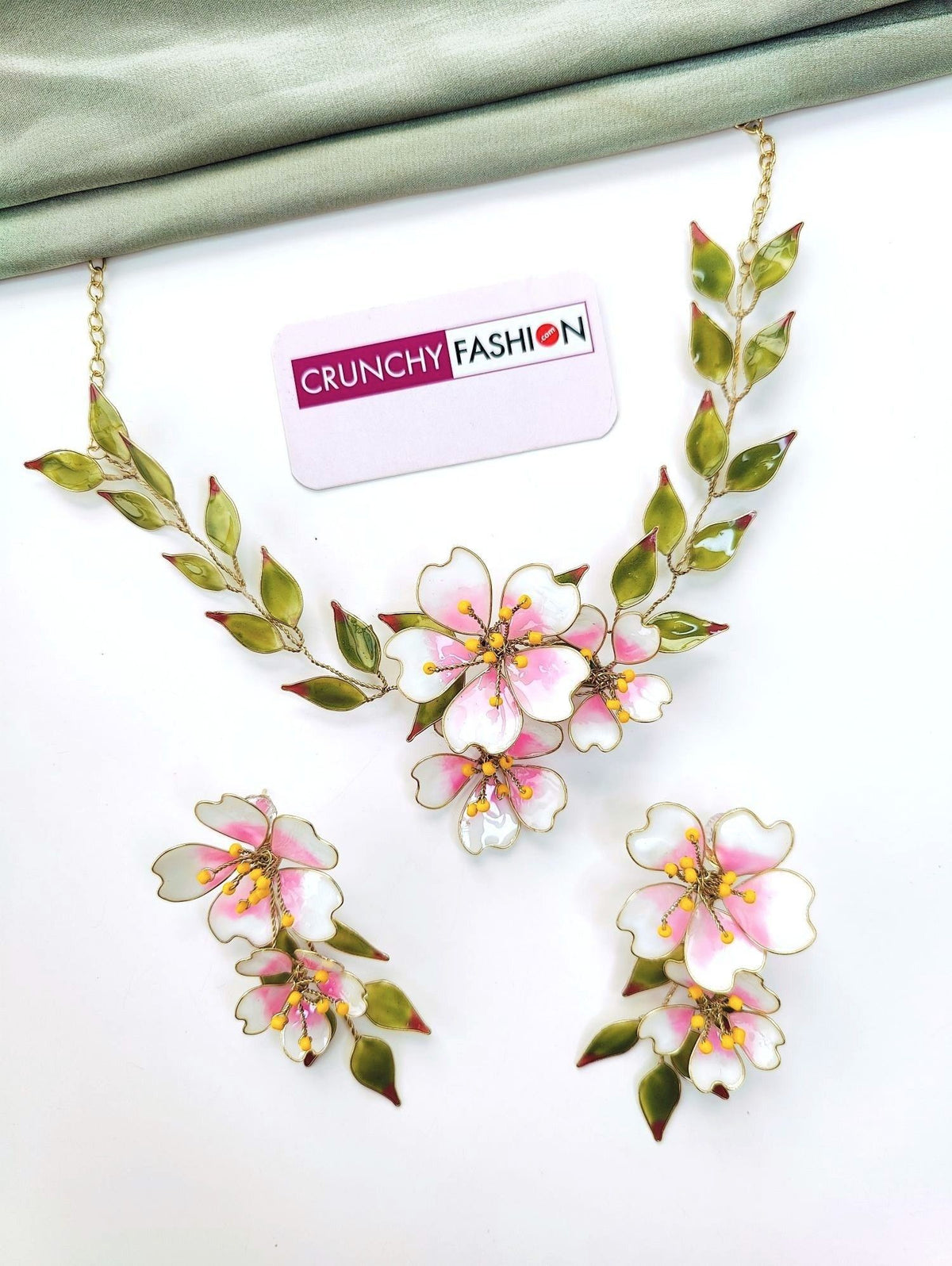 pink green resin floral jewellery set, lightweight haldi bridal