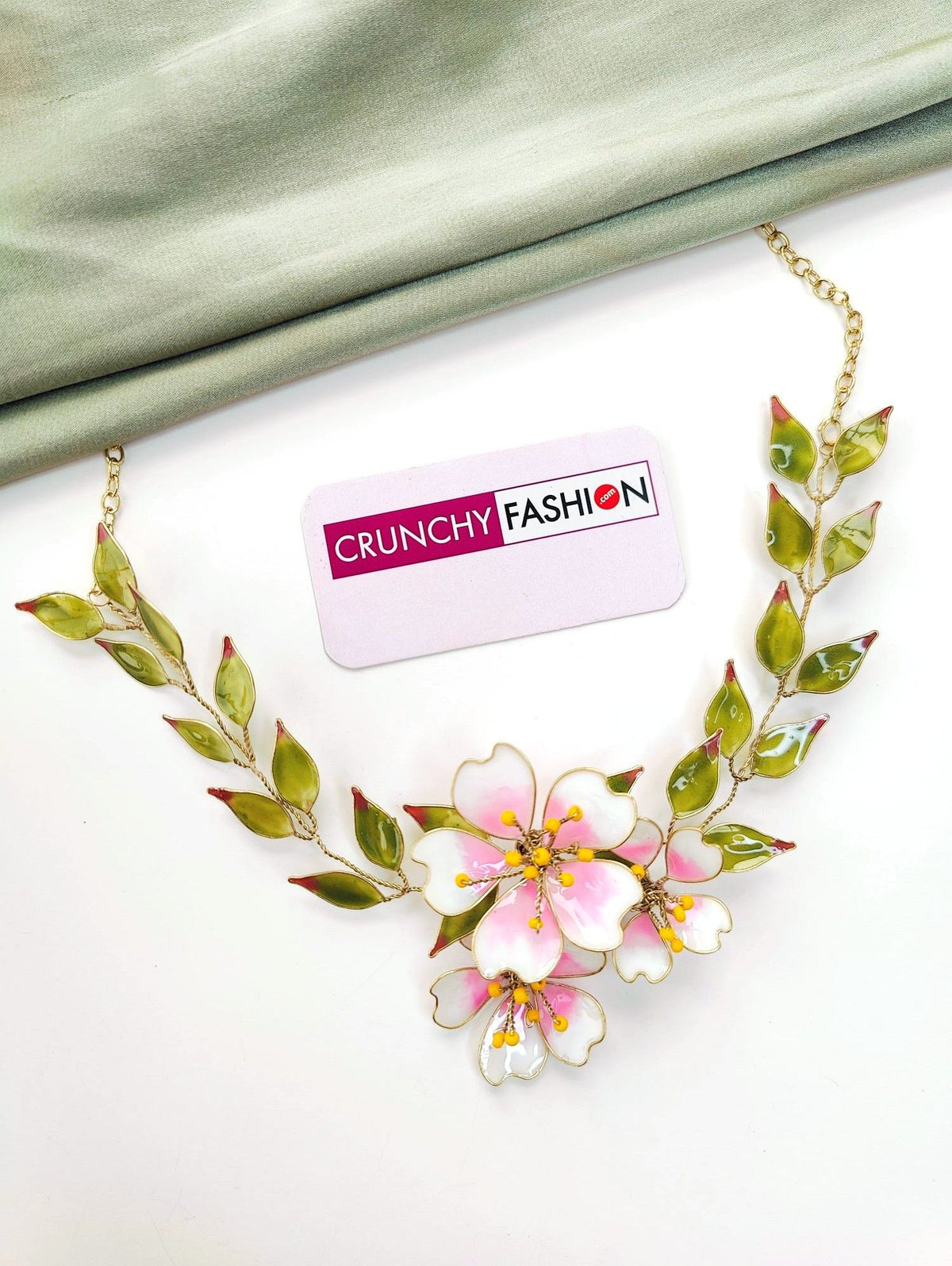 pink green resin floral jewellery set, lightweight haldi bridal