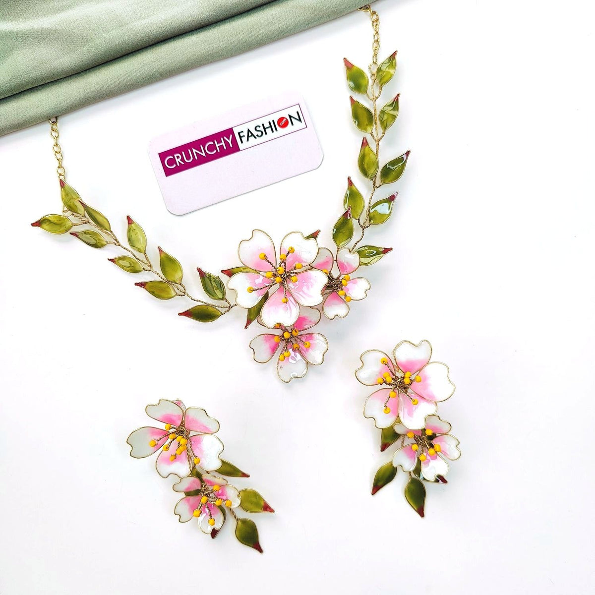 pink green resin floral jewellery set, lightweight haldi bridal
