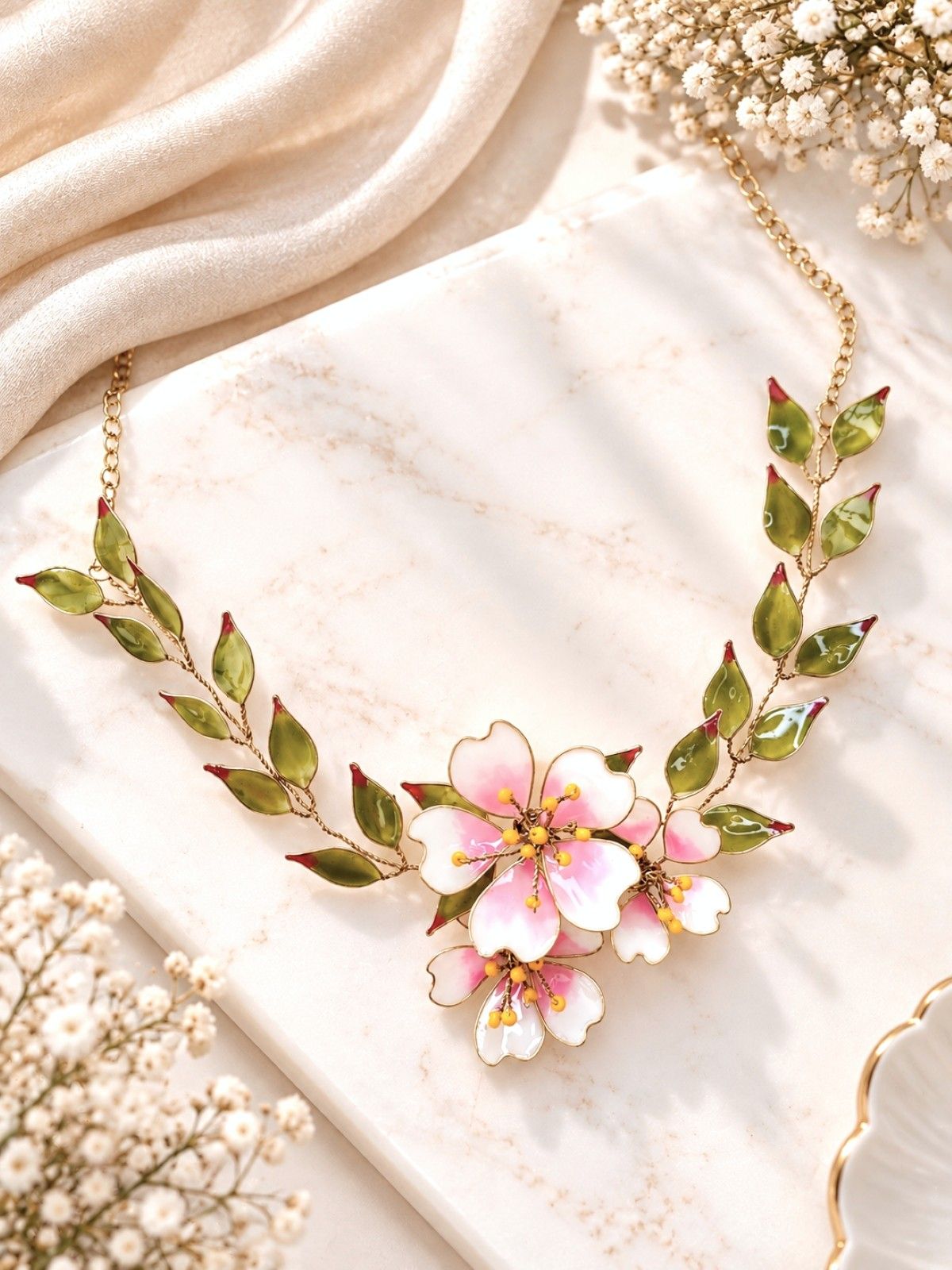 pink green resin floral jewellery set, lightweight haldi bridal