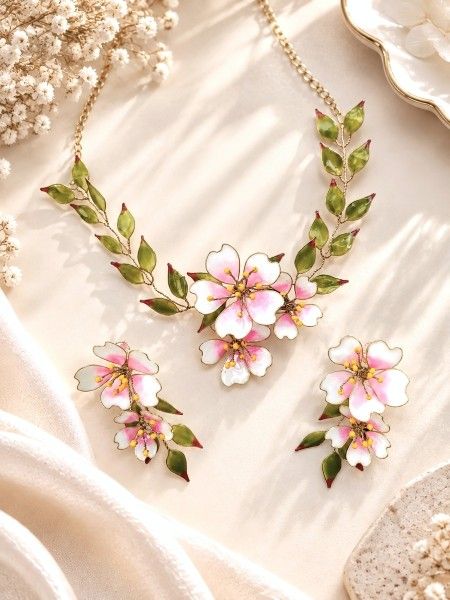 pink green resin floral jewellery set, lightweight haldi bridal