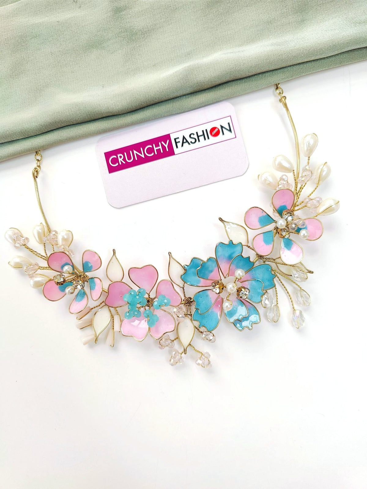 blue pink resin floral jewellery set, lightweight handmade haldi jewellery