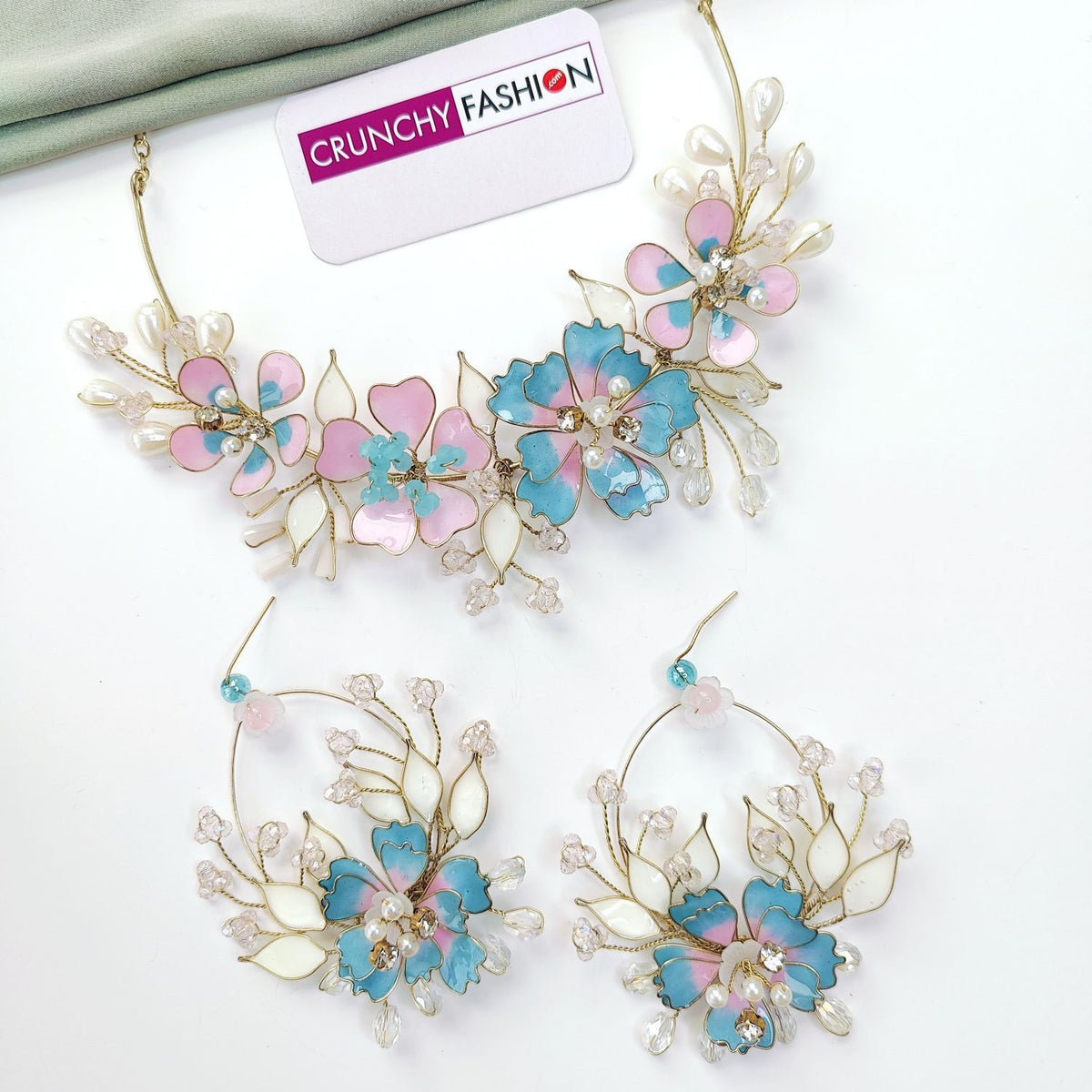 blue pink resin floral jewellery set, lightweight handmade haldi jewellery