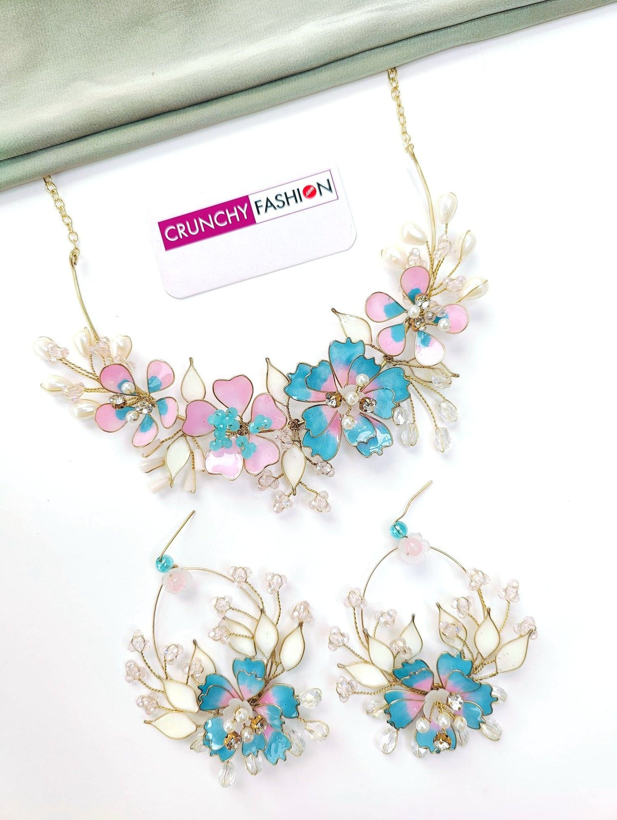 blue pink resin floral jewellery set, lightweight handmade haldi jewellery